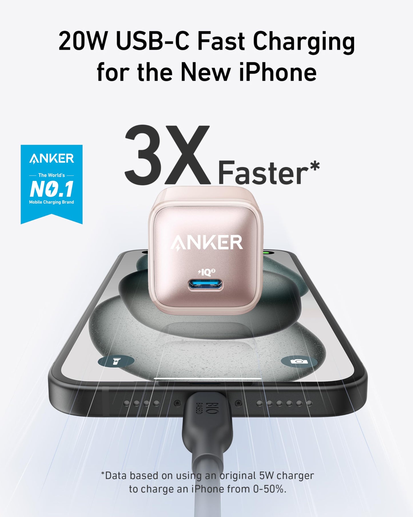 A pink Anker Nano Charger (20W) is plugged into a black cable, charging an iPhone. Text above says, “20W USB-C Fast Charging for the New iPhone, 3X Faster.” An Anker badge reads, “The World’s No.1 Mobile Charging Brand.”.