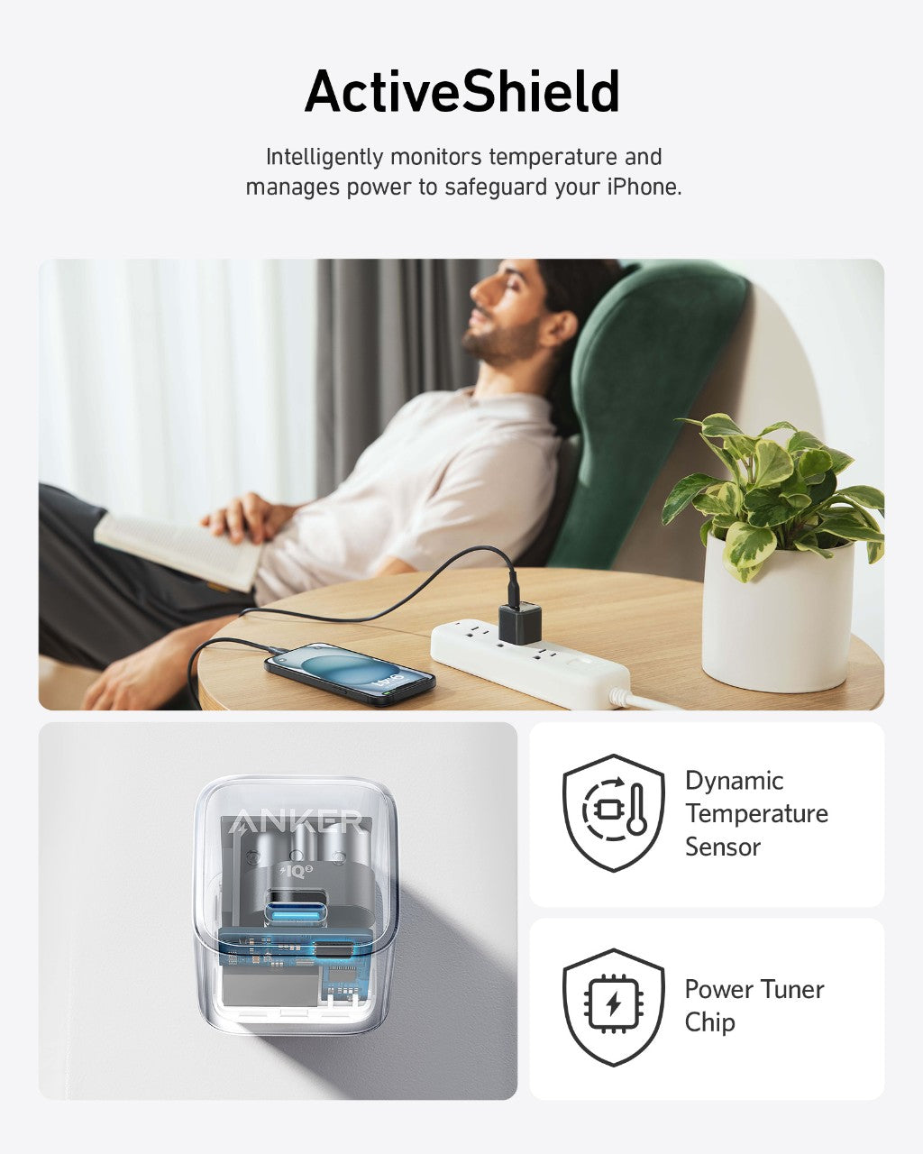 A man relaxes on a couch reading while his phone charges rapidly with the Anker Nano Charger (20W) by Anker, plugged into a power strip near a potted plant. Images highlight its exposed circuitry, temperature sensor, and power chip icons.