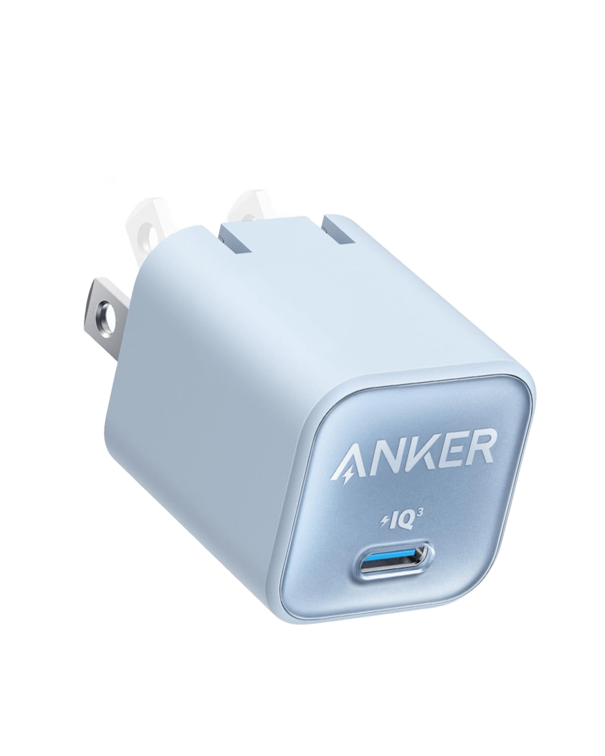 A light blue Anker Nano Charger (30W) with foldable prongs is shown, featuring a single USB-C port labeled “IQ³” and bold “ANKER” branding. This compact charger supports 30W fast charging in a smooth rectangular design.