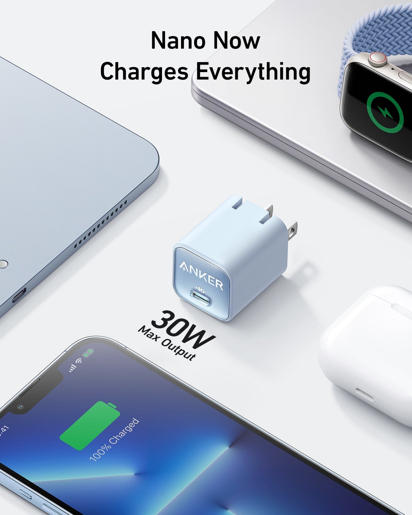 A blue Anker Nano Charger (30W) by Anker fast-charges your phone, smartwatch, earbuds, and laptop. The phone’s green battery icon glows as “Nano Now Charges Everything” appears. Devices sit neatly on a white surface.
