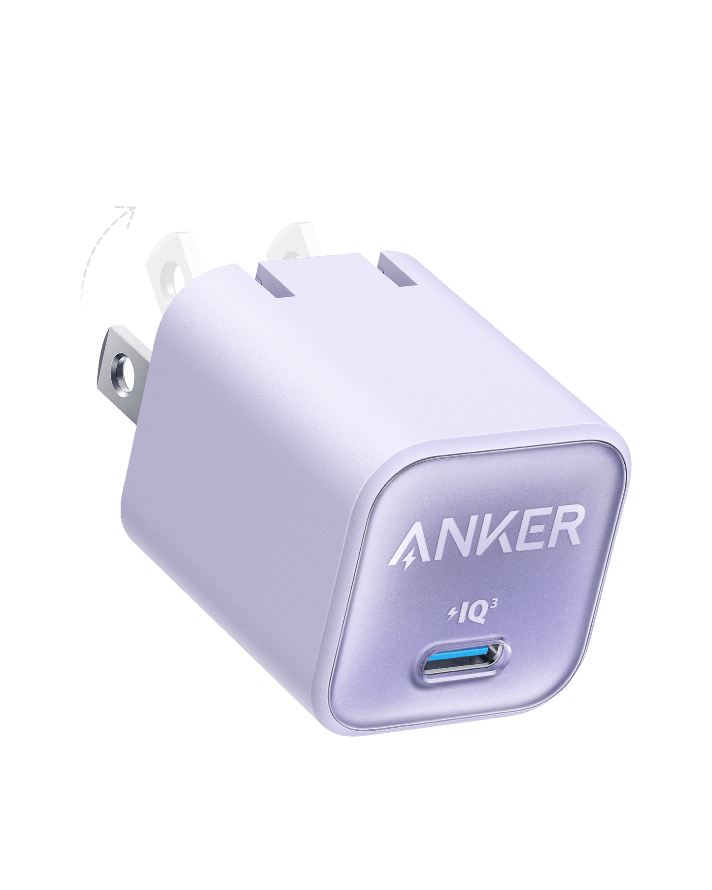 A lavender Anker Nano Charger (30W) with folding prongs is angled on a white background. The “ANKER” logo and “IQ³” label appear above its single USB-C port, showcasing 30W fast charging and a foldable plug.