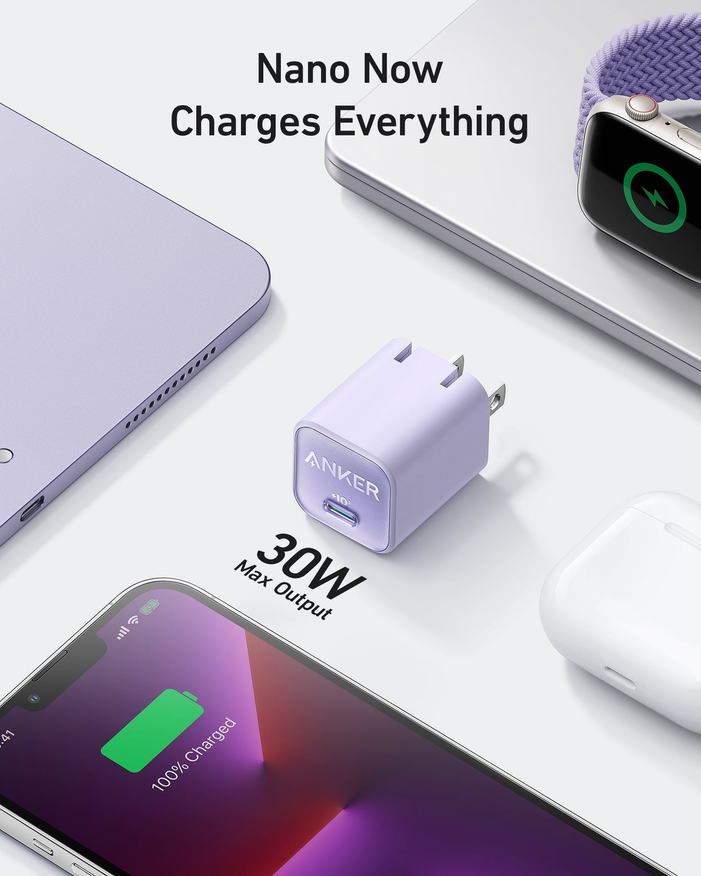 Anker Nano Charger (30W) by Anker with GaN tech on a white surface, next to a purple Apple Watch, lavender laptop, AirPods case, and phone at 100% charge. Text: Nano Now Charges Everything and 30W fast charging Max Output.
