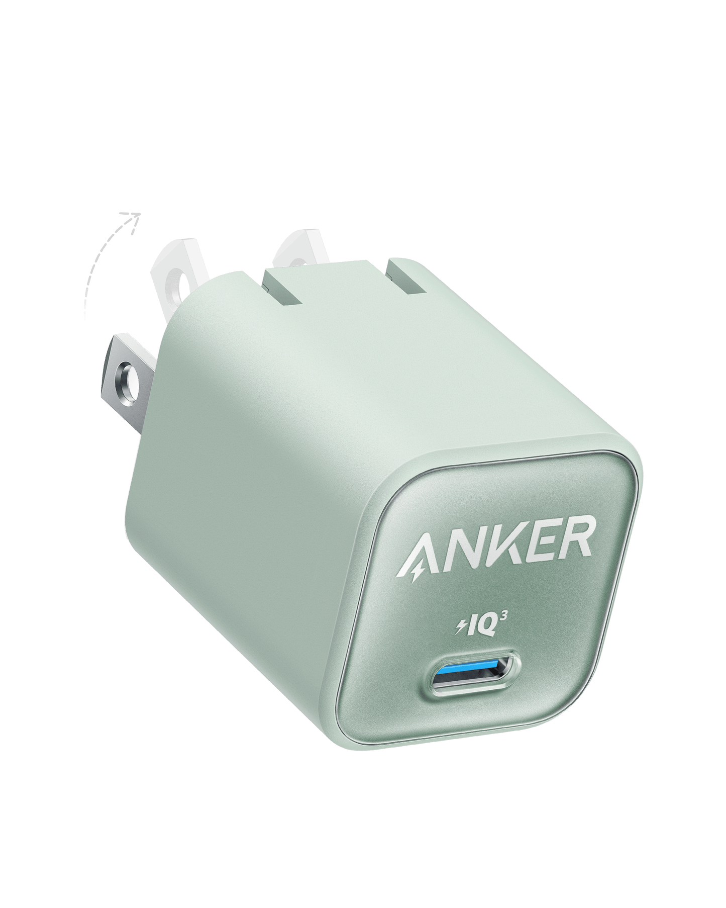 A mint green Anker Nano Charger (30W) with foldable prongs and “ANKER” and “IQ³” labels is angled on a white background. An arrow shows the prongs fold inward for compact storage and 30W fast charging.