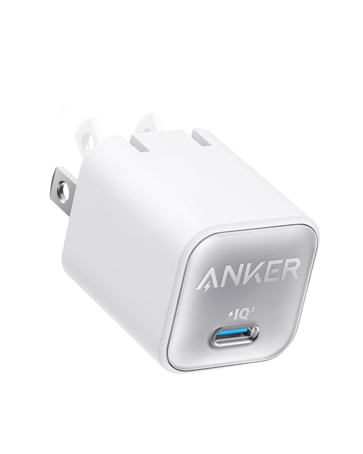 The Anker Nano Charger (30W) by Anker is a white, compact GaN charger with a single USB-C port, “Anker” branding on the front, foldable prongs, and rounded edges. It supports 30W fast charging and is photographed on a plain white background.