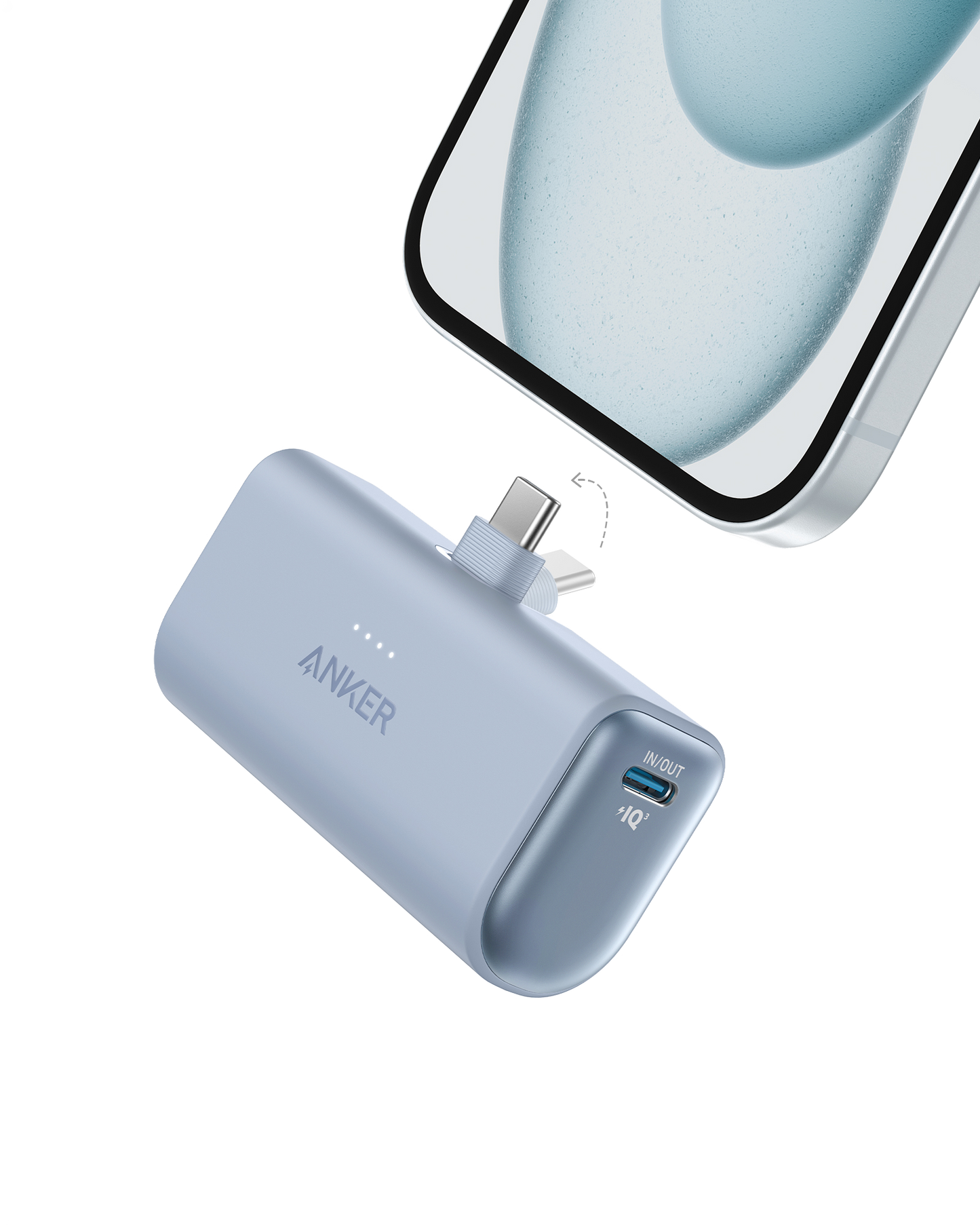 A light blue Anker Nano Power Bank (22.5W, Built-In USB-C Connector) is shown beneath a smartphone, illustrating how its USB-C plug connects for charging. The device includes LED indicators and an “IN/OUT 10W” port.