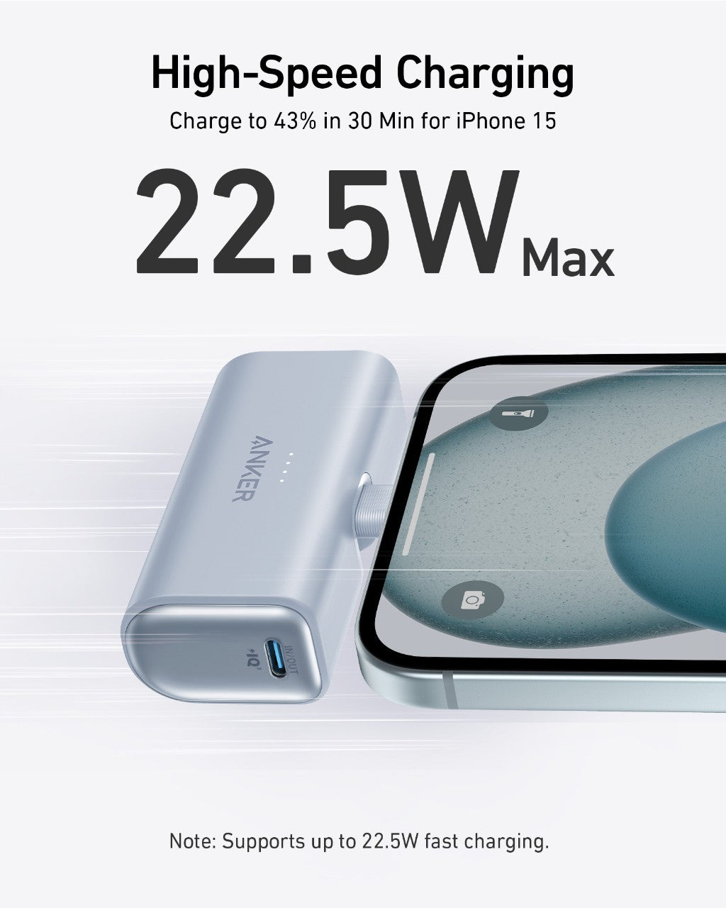 A silver Anker Nano Power Bank (22.5W, Built-In USB-C Connector) charges an iPhone 15. Text above says: “High-Speed Charging. Charge to 43% in 30 Min for iPhone 15. 22.5W Max.” Small text notes up to 22.5W fast charging support.
