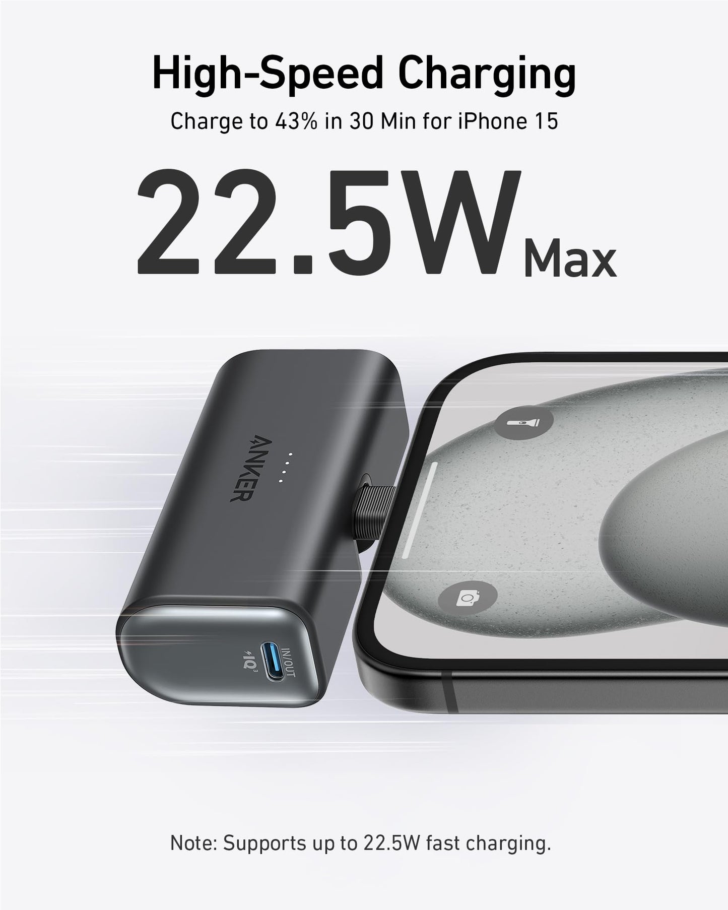 A black Anker Nano Power Bank (22.5W, Built-In USB-C Connector) charges an iPhone 15. Bold text: “High-Speed Charging” and “22.5W Max.” Small text: “Charge to 43% in 30 min for iPhone 15.” Supports 22.5W fast charging.