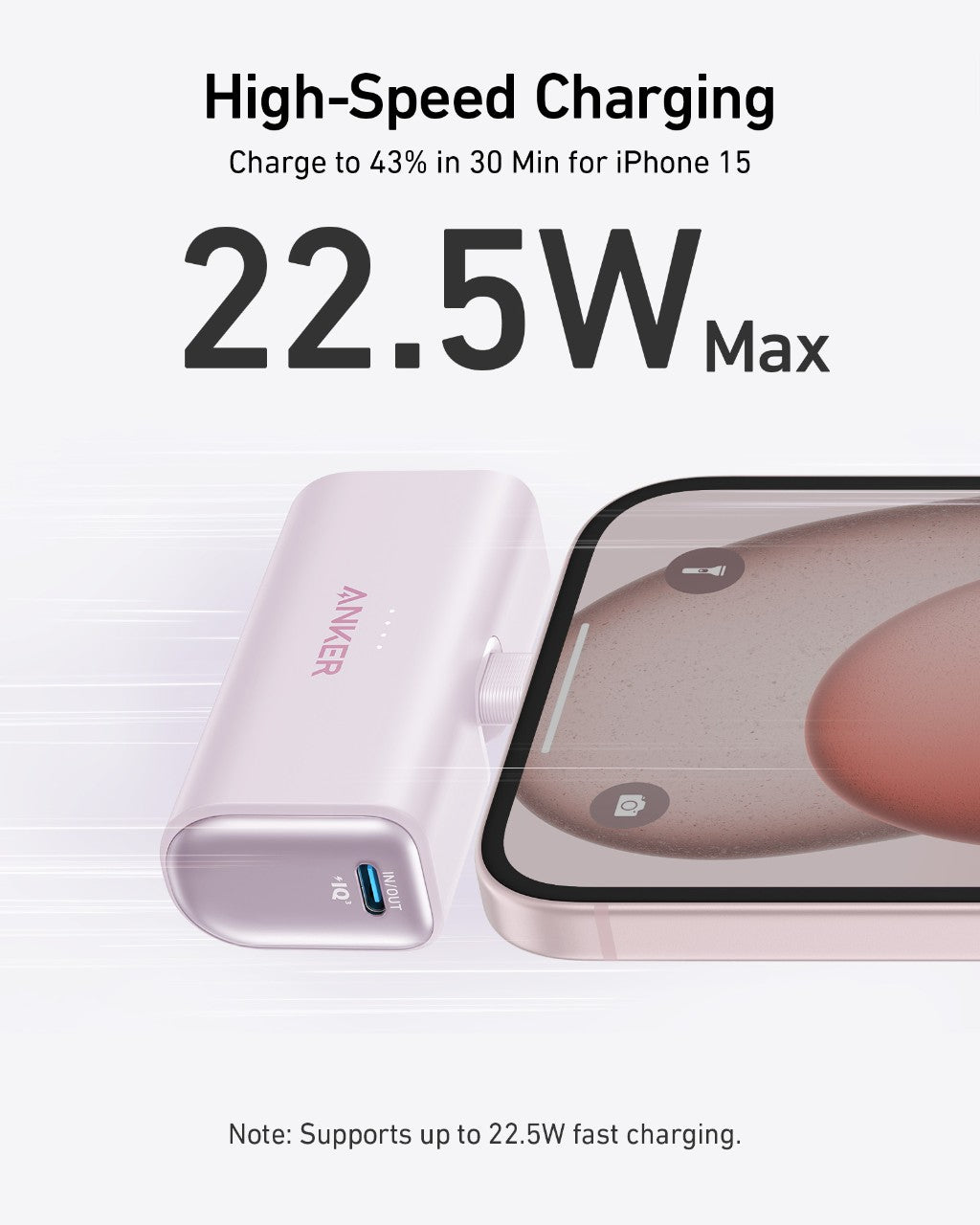 Anker Nano Power Bank (22.5W, Built-In USB-C Connector) in white charges a pink iPhone 15, displaying bold “22.5W Max” with “High-Speed Charging” and “Charge to 43% in 30 Min for iPhone 15.” Supports up to 22.5W fast charging.