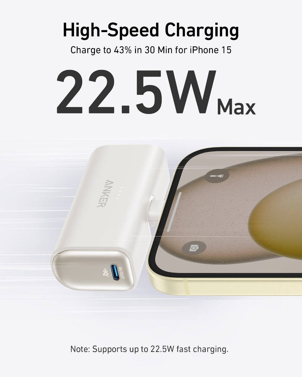 A white Anker Nano Power Bank (22.5W, Built-In USB-C Connector) by Anker connects to a yellow iPhone 15, showing fast charging. Bold text: “22.5W Max—Charge to 43% in 30 Min for iPhone 15.” Note: Supports up to 22.5W fast charging.