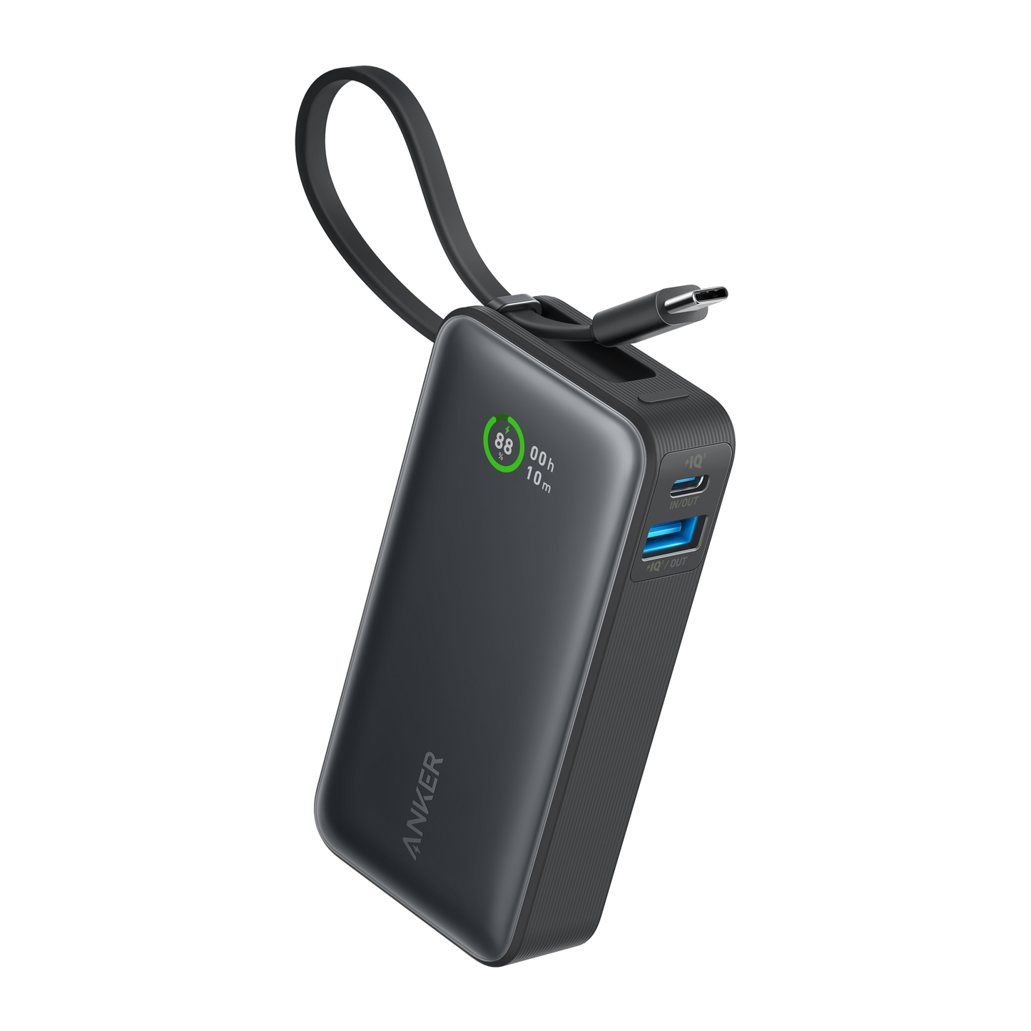 The Anker Nano Power Bank (30W, Built-In USB-C Cable) by Anker is shown in black with a digital display reading 88% and 10h. It features a built-in USB-C cable looped at the top, USB-C and blue USB-A ports, all on a plain white background.