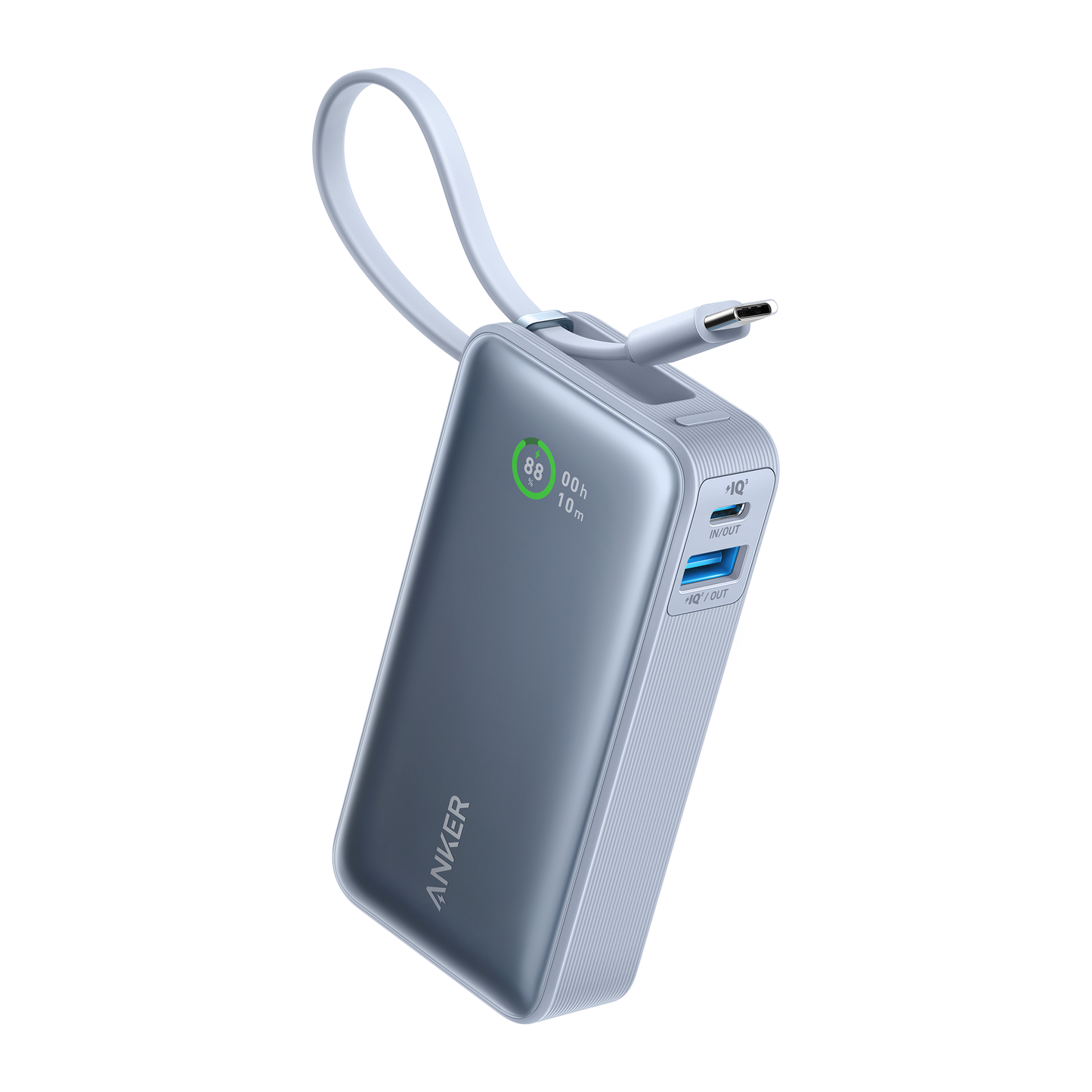 The Anker Nano Power Bank (30W, Built-In USB-C Cable) in silver offers fast charging, a digital battery display, two USB ports, a side power button, and a built-in USB-C cable that loops at the top for easy charging on the go.