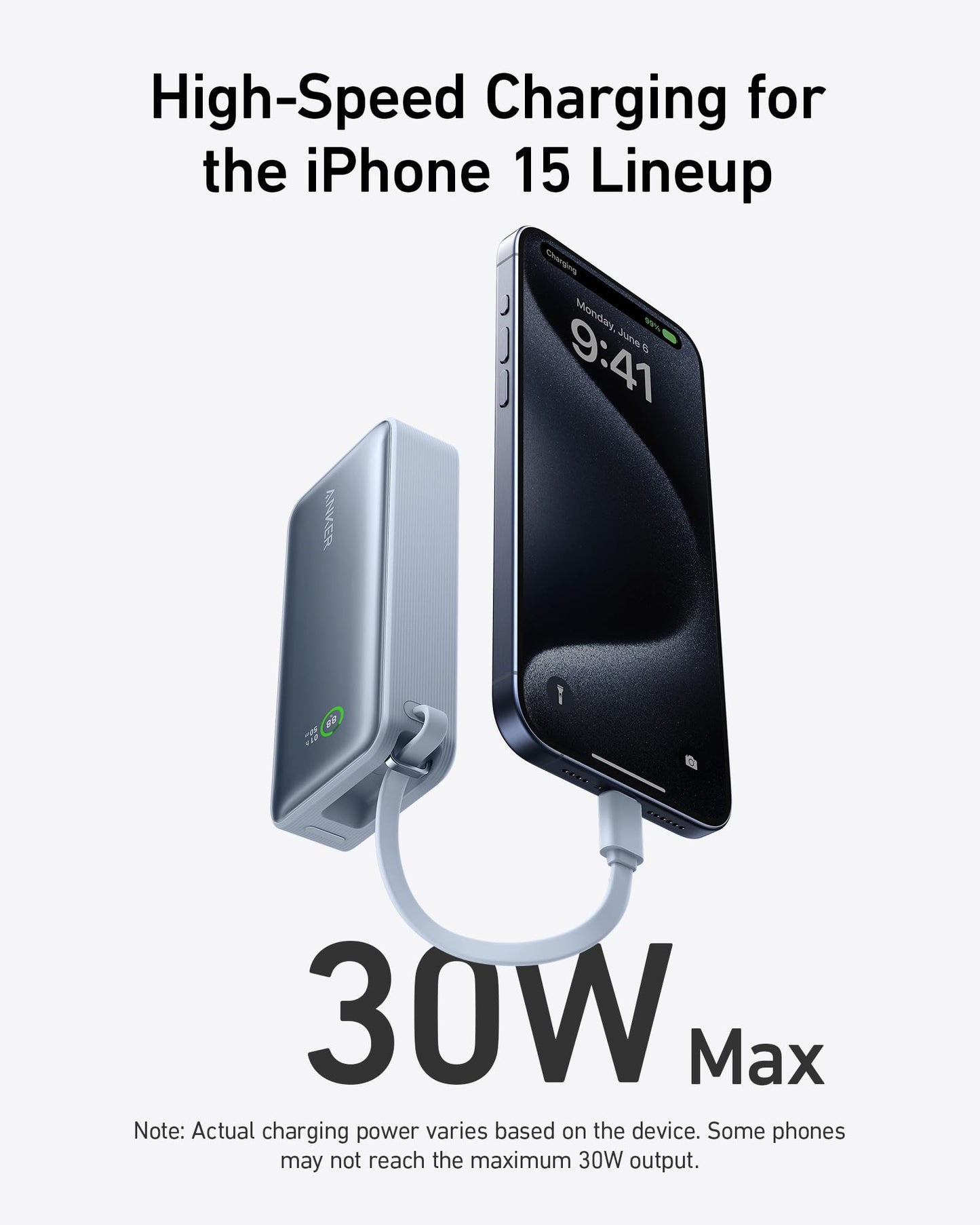 A silver Anker Nano Power Bank (30W, Built-In USB-C Cable) charges a suspended black iPhone 15 displaying 9:41. Bold text above states, High-Speed Charging for the iPhone 15 Lineup, with large “30W Fast Charging” below and a small note at the bottom.