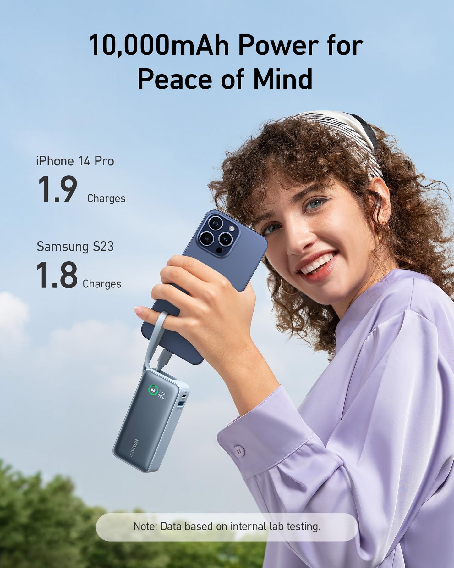 A smiling woman in a lavender blouse holds an iPhone connected to the Anker Nano Power Bank (30W, Built-In USB-C Cable). Text above her reads "10,000mAh Power for Peace of Mind" with charge counts for iPhone 14 Pro and Samsung S23.