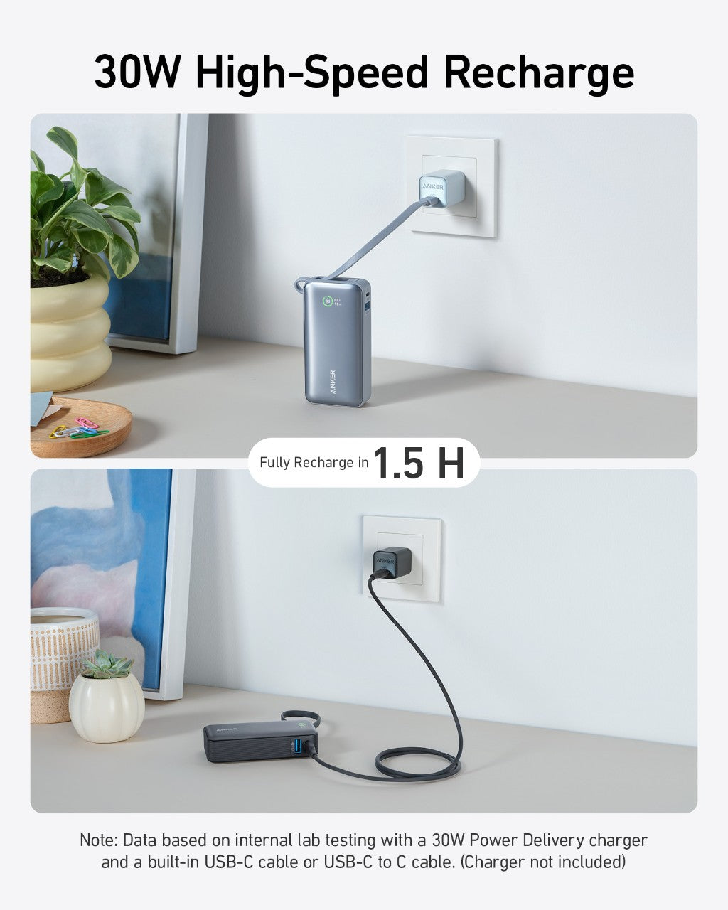 Two images show the Anker Nano Power Bank (30W, Built-In USB-C Cable) by Anker in silver and black, both supporting 30W fast charging. Text notes 30W High-Speed Recharge and fully recharges in 1.5 hours. Charger not included.