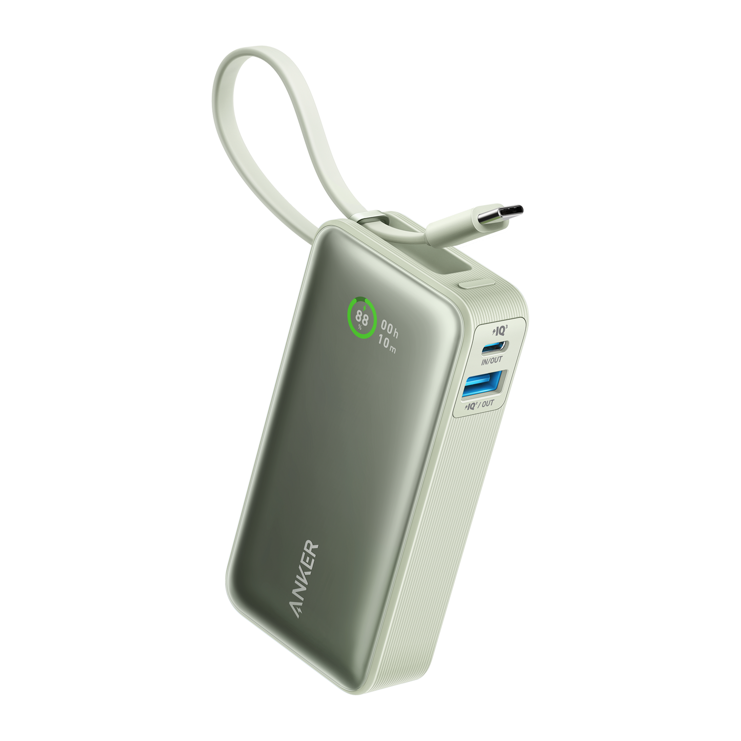 The Anker Nano Power Bank (30W, Built-In USB-C Cable) from Anker features a gray design with a looped USB-C cable, LED screen showing 88% charge, and side USB-C (IN/OUT) and USB-A (IQ) ports for fast charging devices.