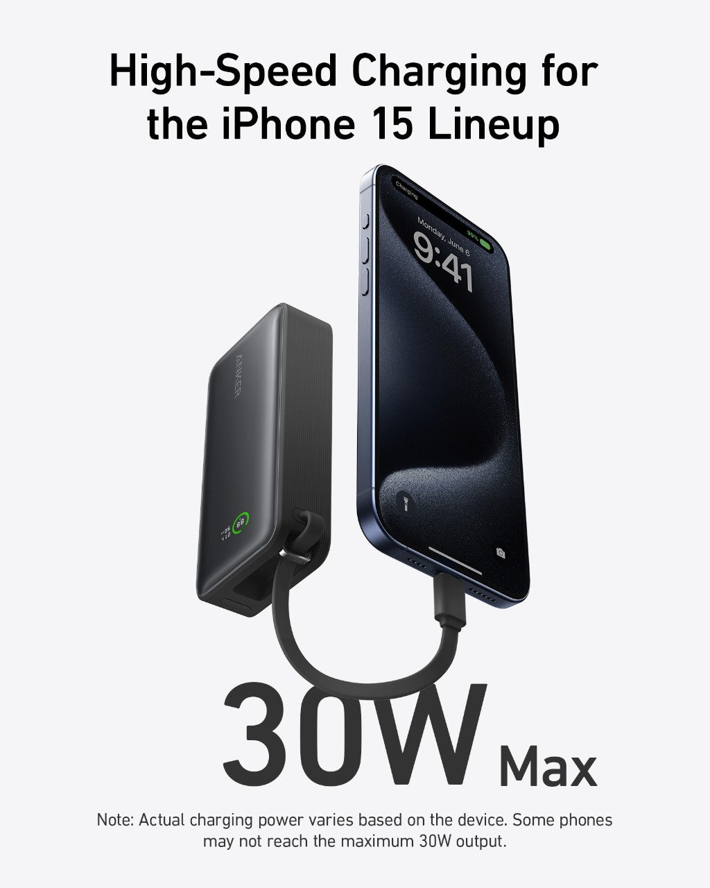 A black Anker Nano Power Bank (30W, Built-In USB-C Cable) connects to a blue iPhone 15 showing charging at 9:41. Text above reads “High-Speed Charging for the iPhone 15 Lineup.” Below: “30W Fast Charging Max.”.