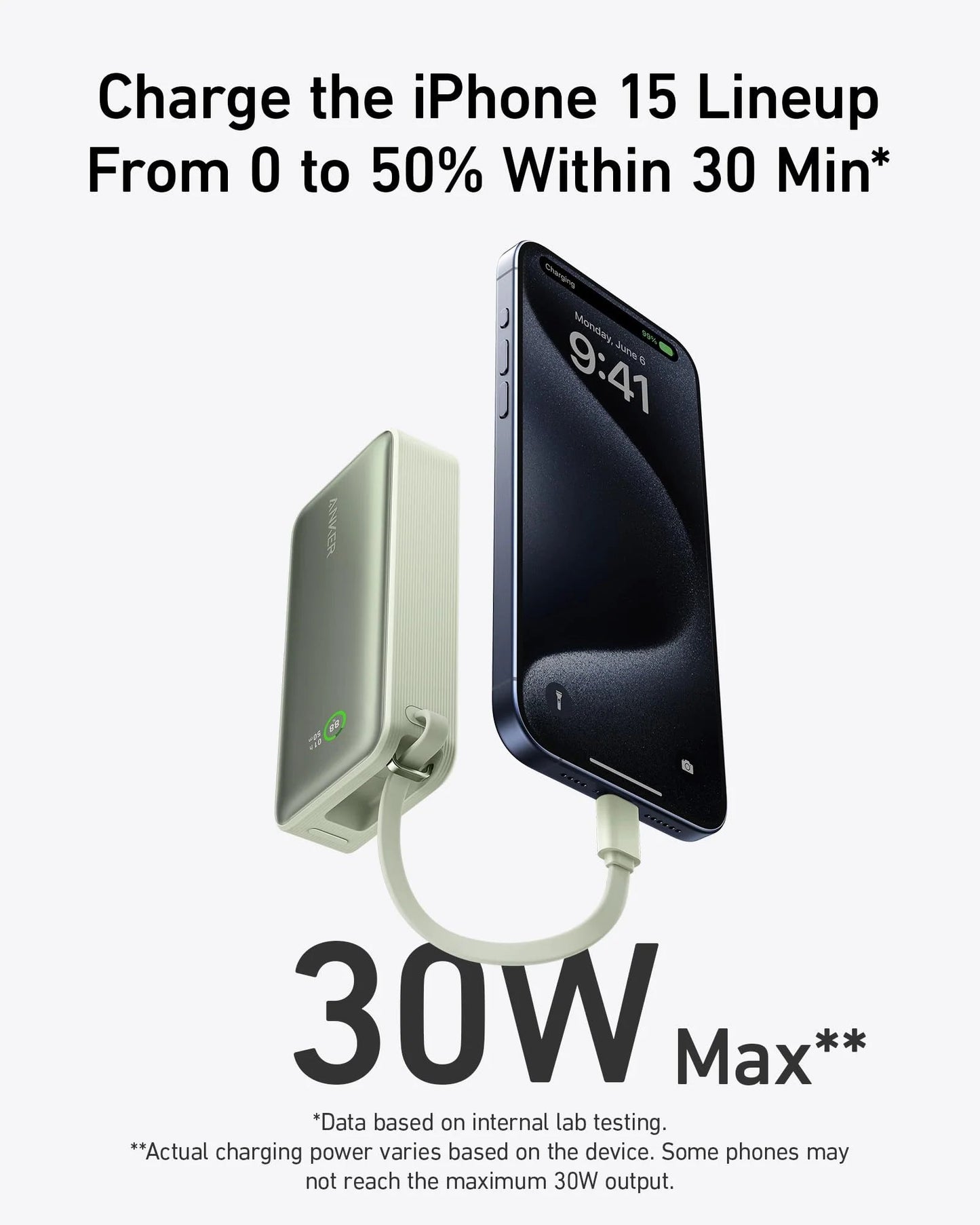 A silver Anker Nano Power Bank (30W, Built-In USB-C Cable) from Anker is connected to an iPhone 15 showing 9:41. Above, text reads: “Charge the iPhone 15 Lineup From 0 to 50% Within 30 Min*.” Bold below: “30W Max**.” Fine print at bottom.