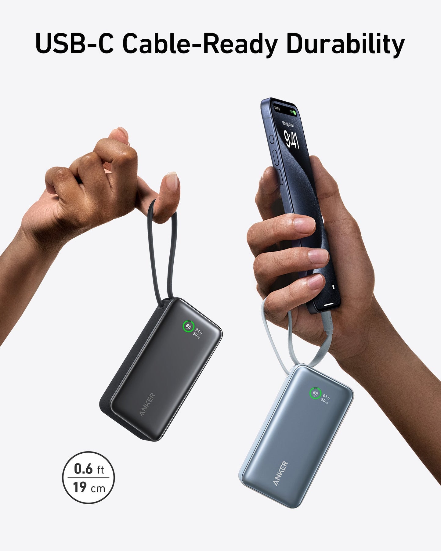 Two hands hold smartphones powered by Anker Nano Power Bank (30W, Built-In USB-C Cable) chargers from Anker. The chargers hang below, display 89% and 62% battery, and feature a durable 0.6 ft (19 cm) USB-C built-in cable.