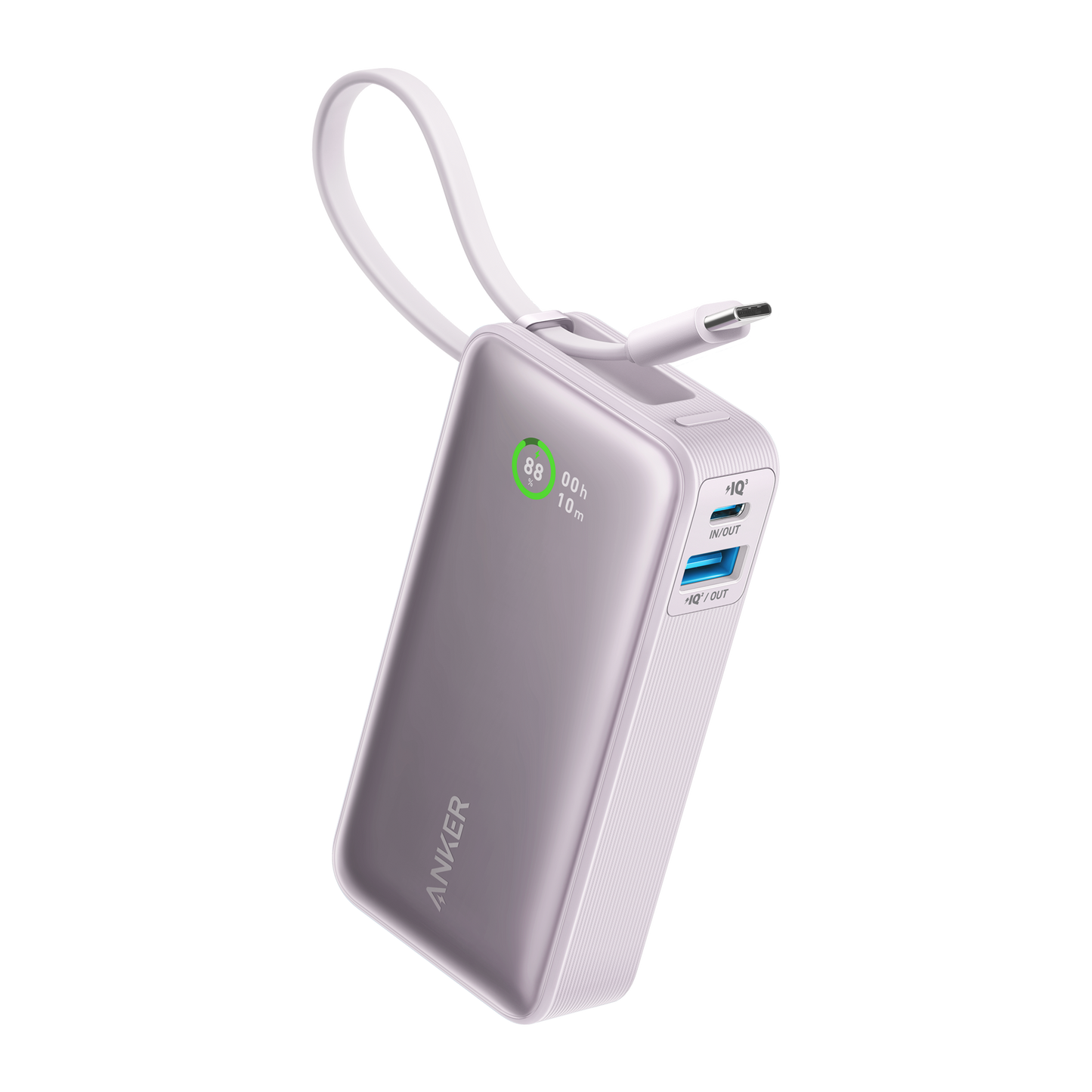 A silver Anker Nano Power Bank (30W, Built-In USB-C Cable) by Anker shows an 88% charge on its display. The side features labeled IN/OUT and IQ2/OUT ports, all set against a white background.