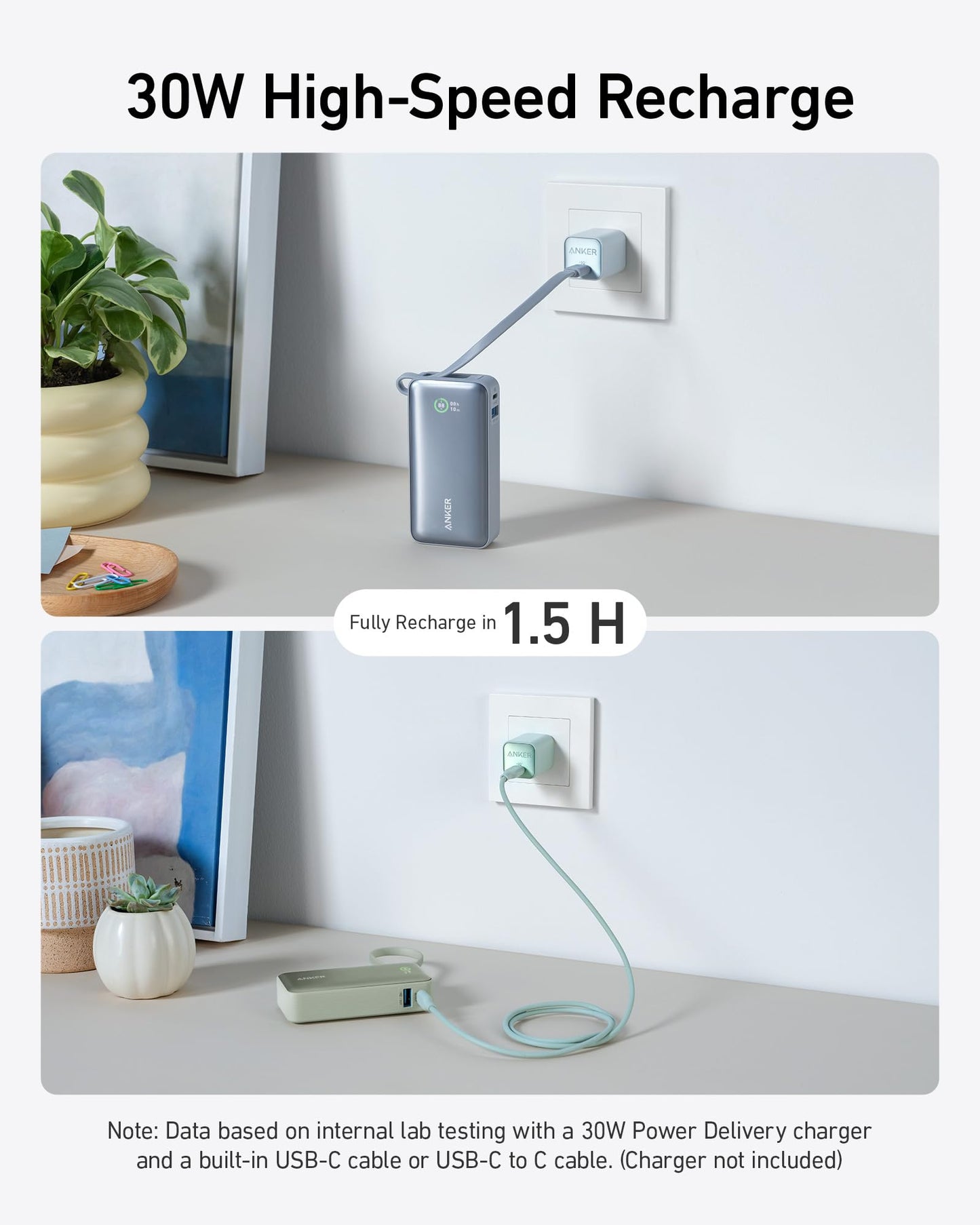 Two photos feature Anker Nano Power Bank (30W, Built-In USB-C Cable) by Anker. The gray charger stands upright, the green lies flat. Text highlights 30W fast charging and full recharge in 1.5 hours; a plant and books sit nearby.