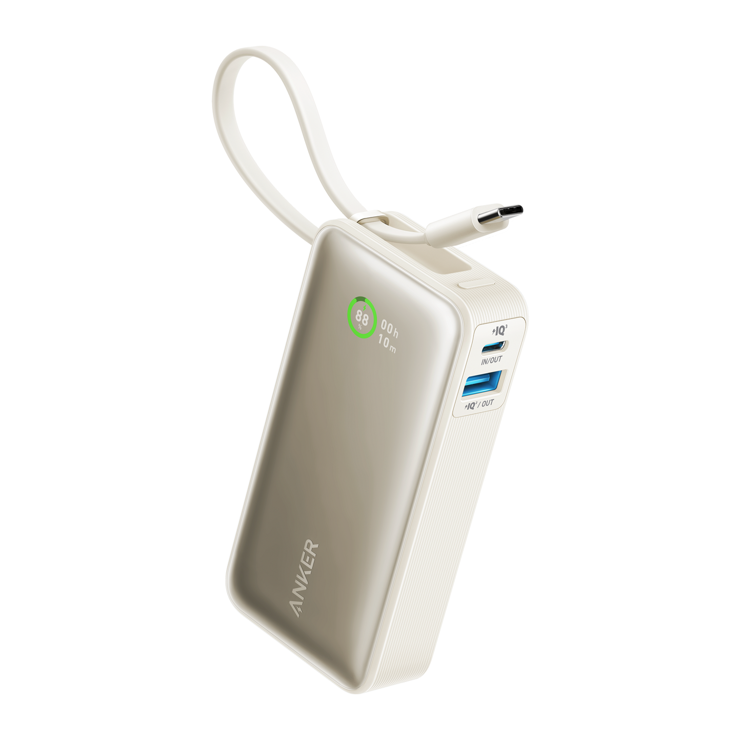 The Anker Nano Power Bank (30W, Built-In USB-C Cable) by Anker features a digital battery percentage (98%), 10h time left, two USB ports (blue and white), clear input/output indicators, and 30W fast charging.