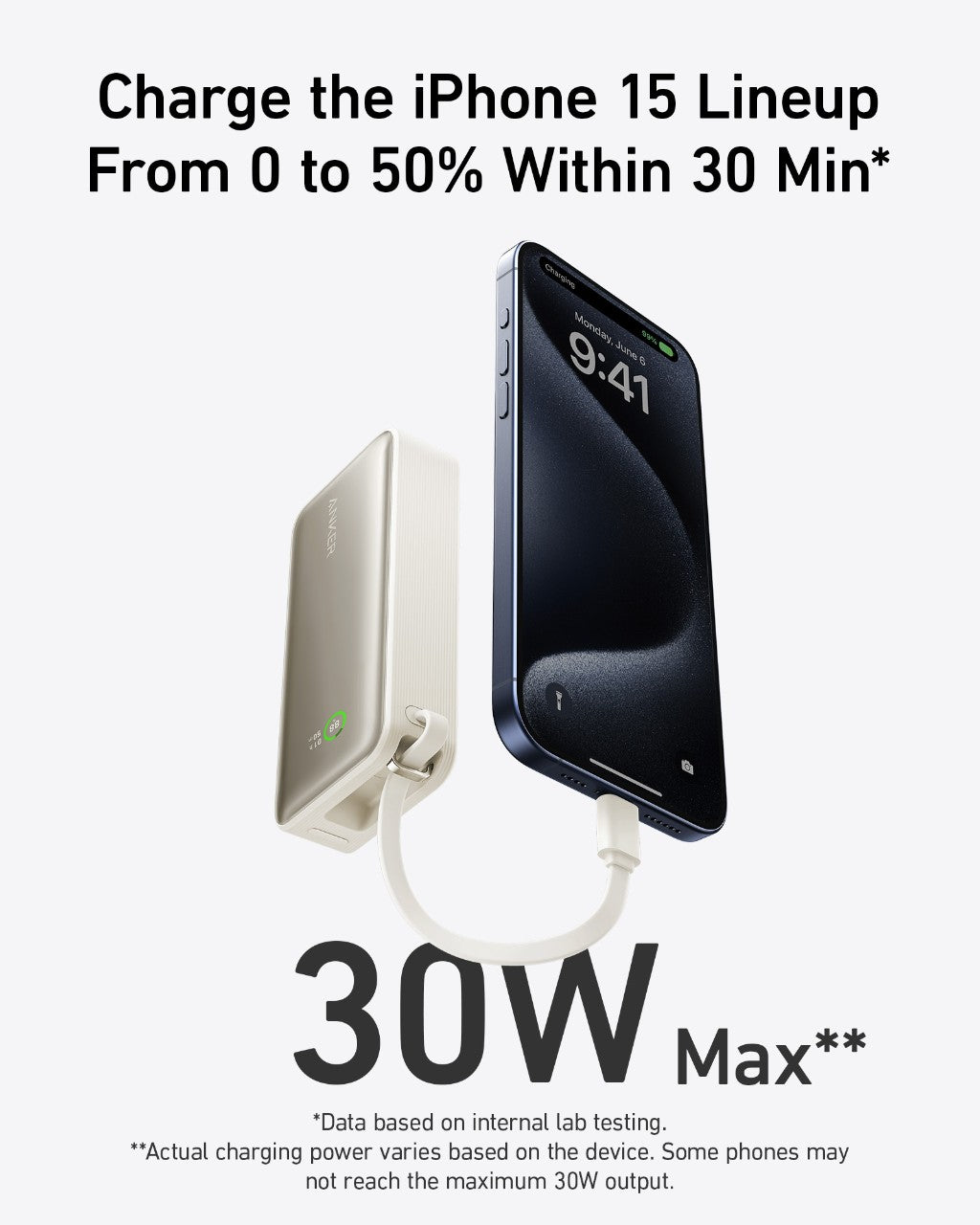 Anker Nano Power Bank (30W, Built-In USB-C Cable) charges a blue iPhone 15 with fast 30W output. On-screen: “Charge the iPhone 15 Lineup From 0 to 50% Within 30 Min*” and “30W Max**.” Fine print covers charging speed and output details.