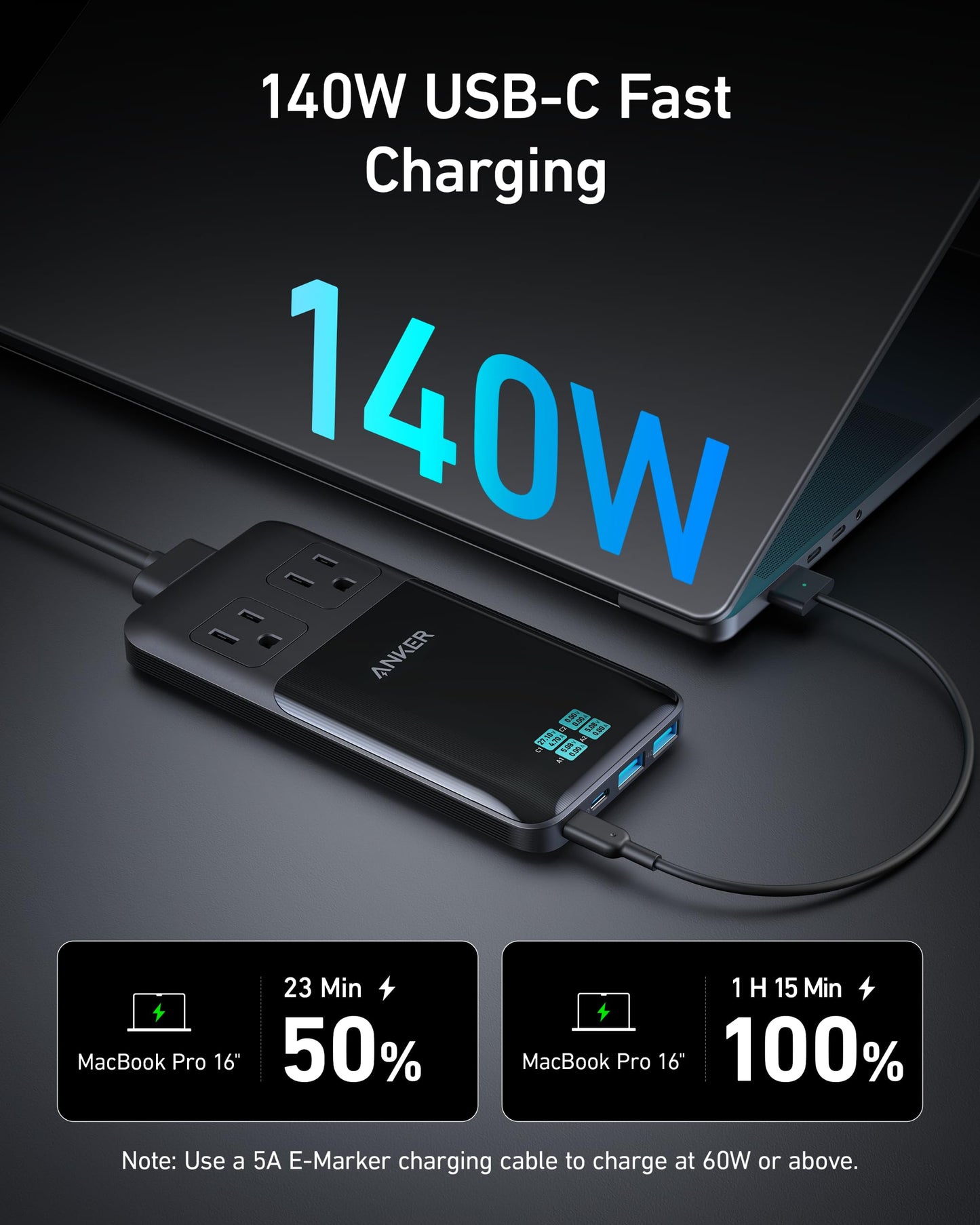 The Anker Prime 6-in-1 Charging Station (140W) features GaN technology, USB-C/USB-A ports, and powers a MacBook Pro 16” to 50% in 23 min or fully in 1h15min. Use a 5A E-Marker cable for full-speed USB-C fast charging.