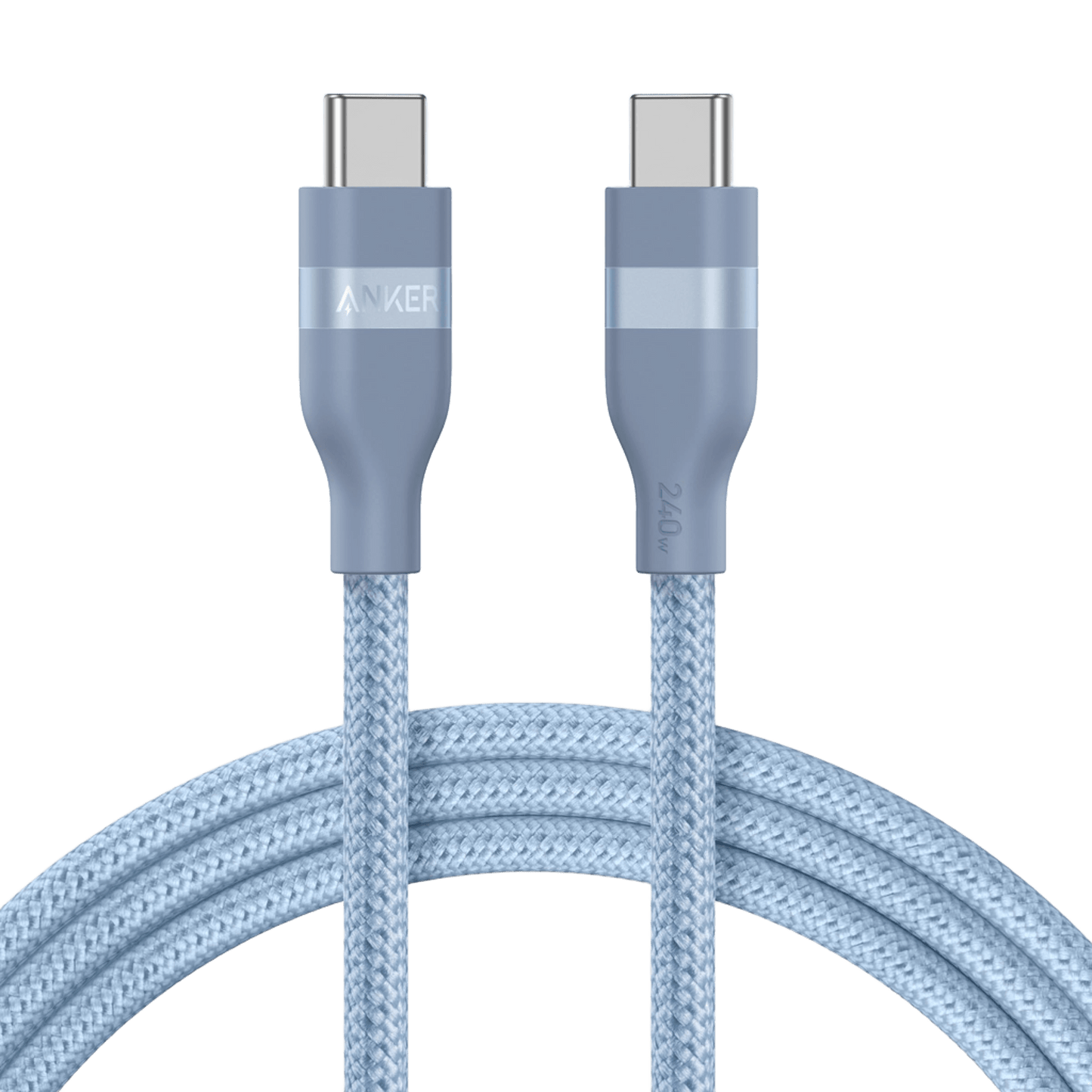 A coiled Anker USB-C to USB-C Cable (3 ft / 6 ft, 240W, Upcycled-Braided) in light blue is displayed against a white background. Metallic blue reinforced connectors feature the Anker logo. Ideal for fast charging and data transfer.