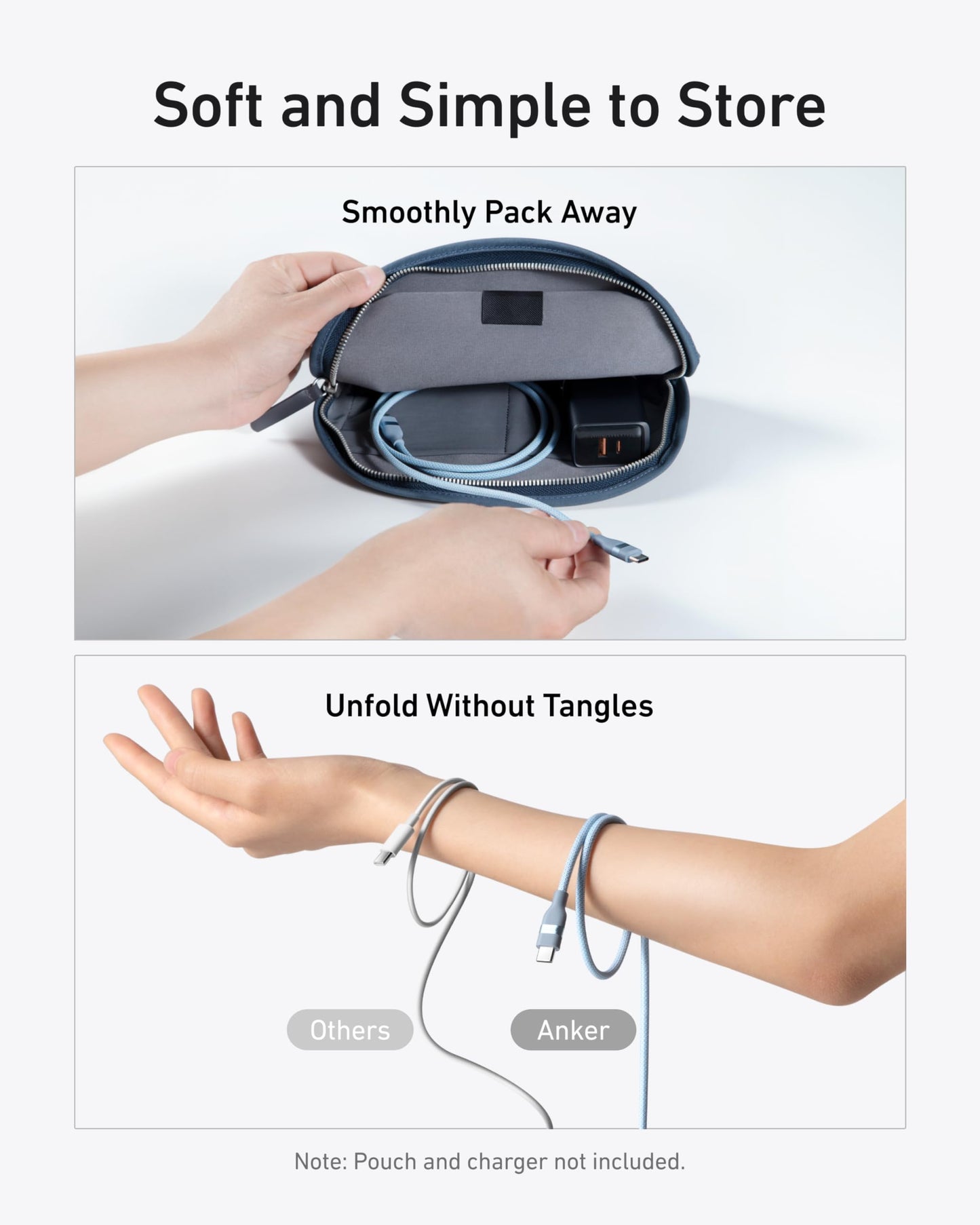 A hand packs the Anker USB-C to USB-C Cable (3 ft / 6 ft, 240W, Upcycled-Braided) into a gray pouch above “Smoothly Pack Away.” Below, “Others” shows a tangled cord while the organized Anker is “Soft and Simple to Store.”.
