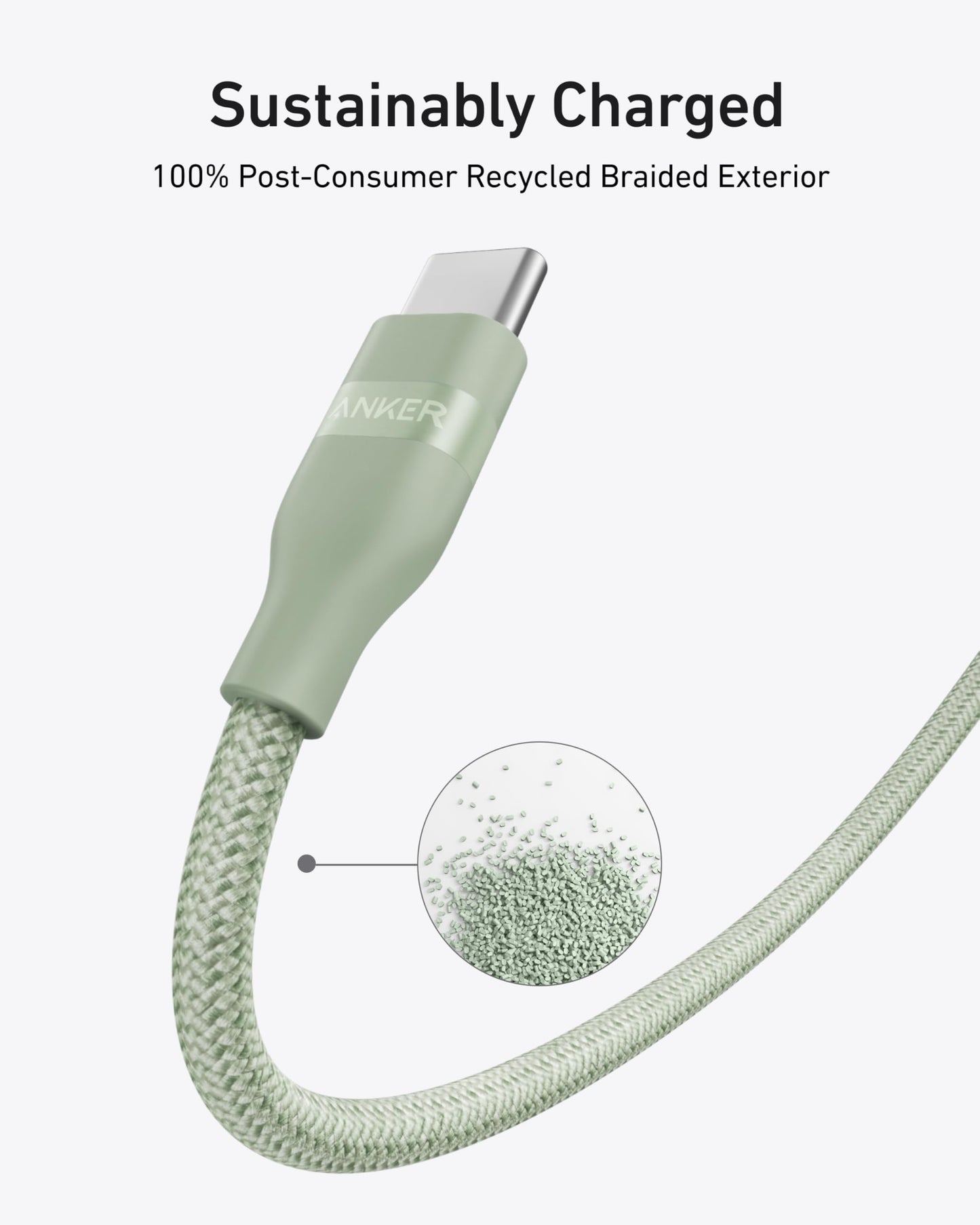 A close-up shows the Anker USB-C to USB-C Cable (3 ft/6 ft, 240W, Upcycled-Braided) in green with “ANKER” branding. Text above reads “Sustainably Charged” and “100% Post-Consumer Recycled Braided Exterior.” Green recycled plastic pellets are inset.