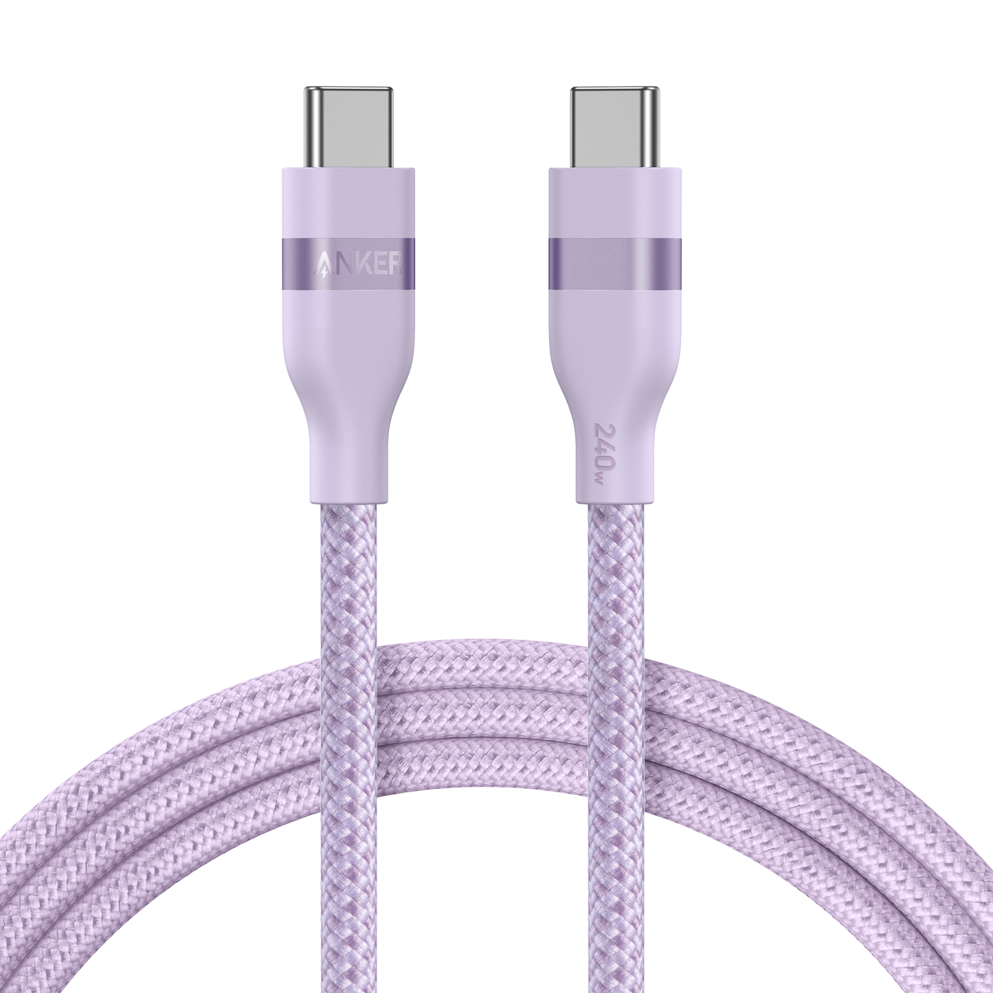 A lavender Anker USB-C to USB-C Cable (3 ft / 6 ft, 240W, Upcycled-Braided) with metallic accents and visible "ANKER" branding is coiled on a plain white background, both USB-C connectors shown at the top.