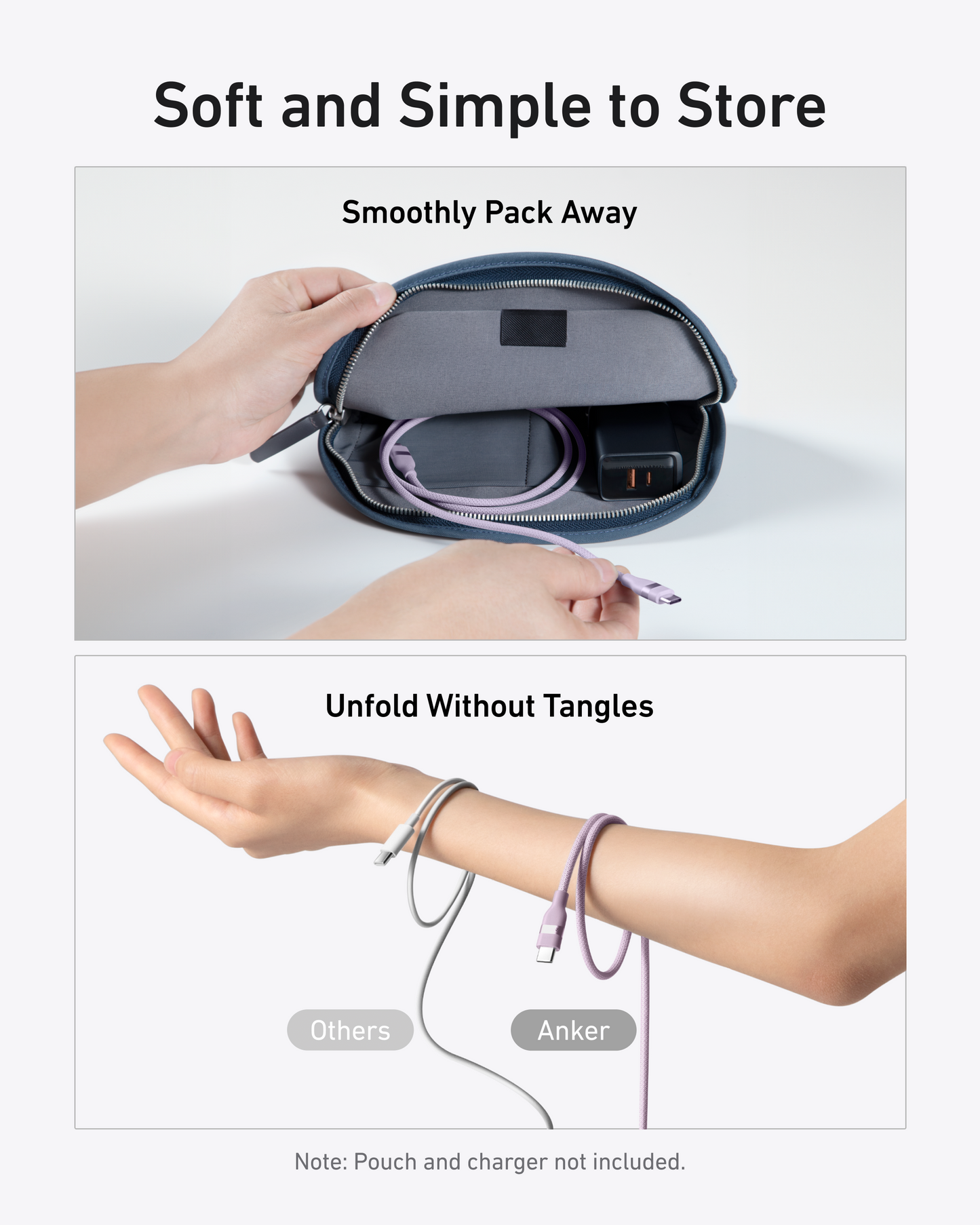 A hand puts the Anker USB-C to USB-C Cable (3 ft / 6 ft, 240W, Upcycled-Braided) in a zippered pouch. Below, a tangled “Others” cable and an untangled “Anker” cable rest on an arm. Pouch and charger not included.