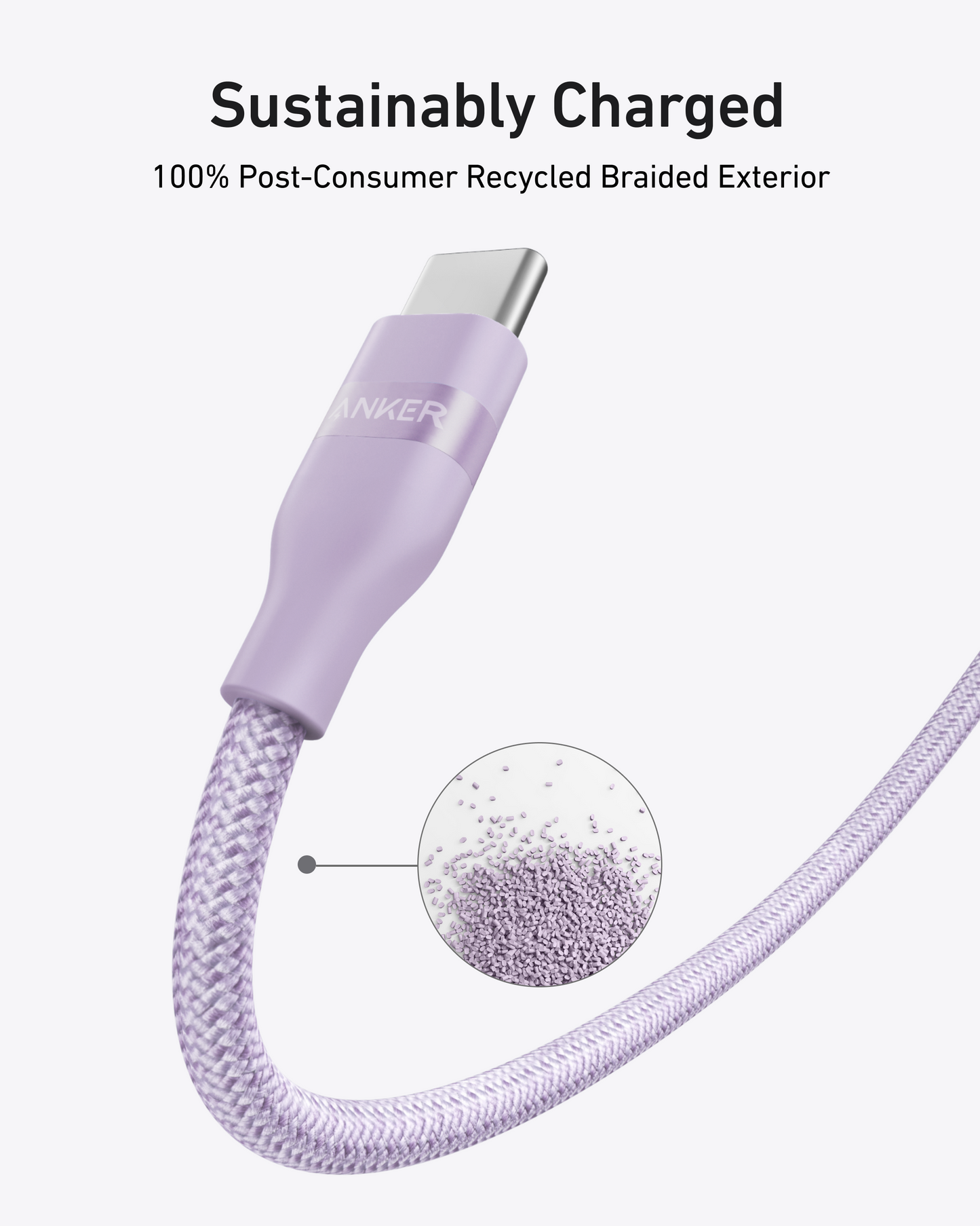 A close-up of the Anker USB-C to USB-C Cable (3 ft/6 ft, 240W, Upcycled-Braided) highlights its textured, purple exterior made from 100% upcycled material. Text: “Sustainably Charged. Ultra-durable eco-friendly design.”.
