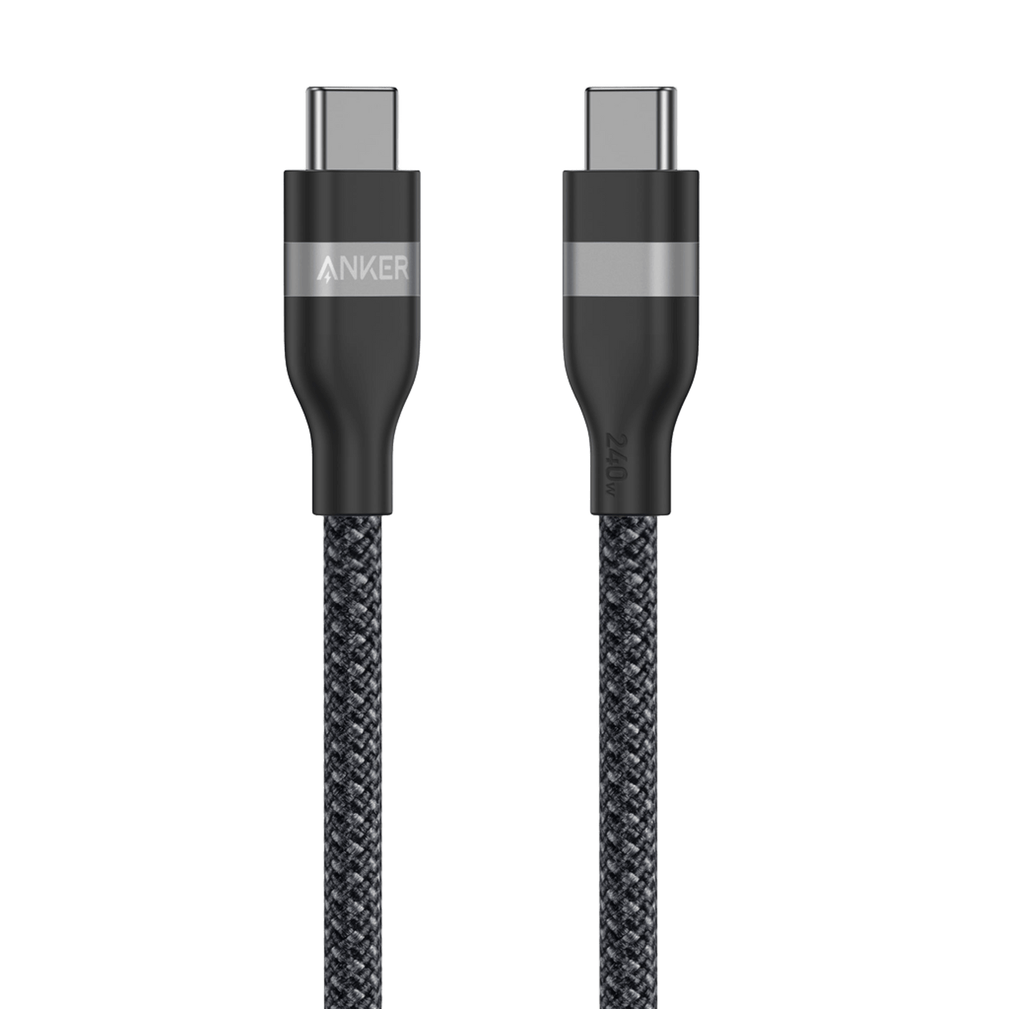 Anker USB-C to USB-C Cable (3 ft / 6 ft, 240W, Upcycled-Braided): Features durable black-and-gray braided design with metal connectors—one marked with Anker branding, the other with a gray band and 240W label. Both face upward on a white background.