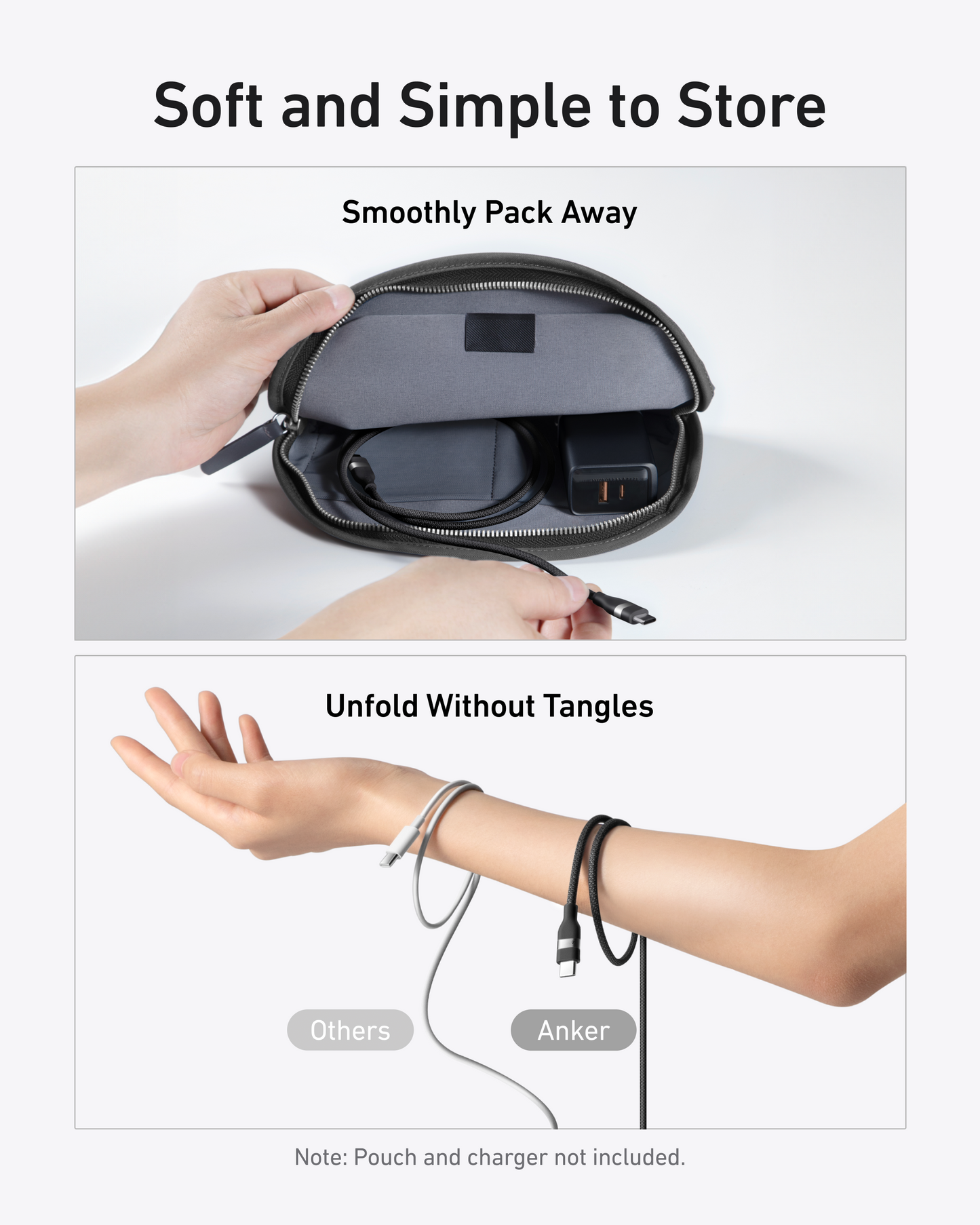 A hand smoothly packs the Anker USB-C to USB-C Cable (3 ft / 6 ft, 240W, Upcycled-Braided) into a zippered pouch. Below, the eco-friendly Anker cable is neatly coiled while others are tangled—highlighting easy storage and tangle-free design.