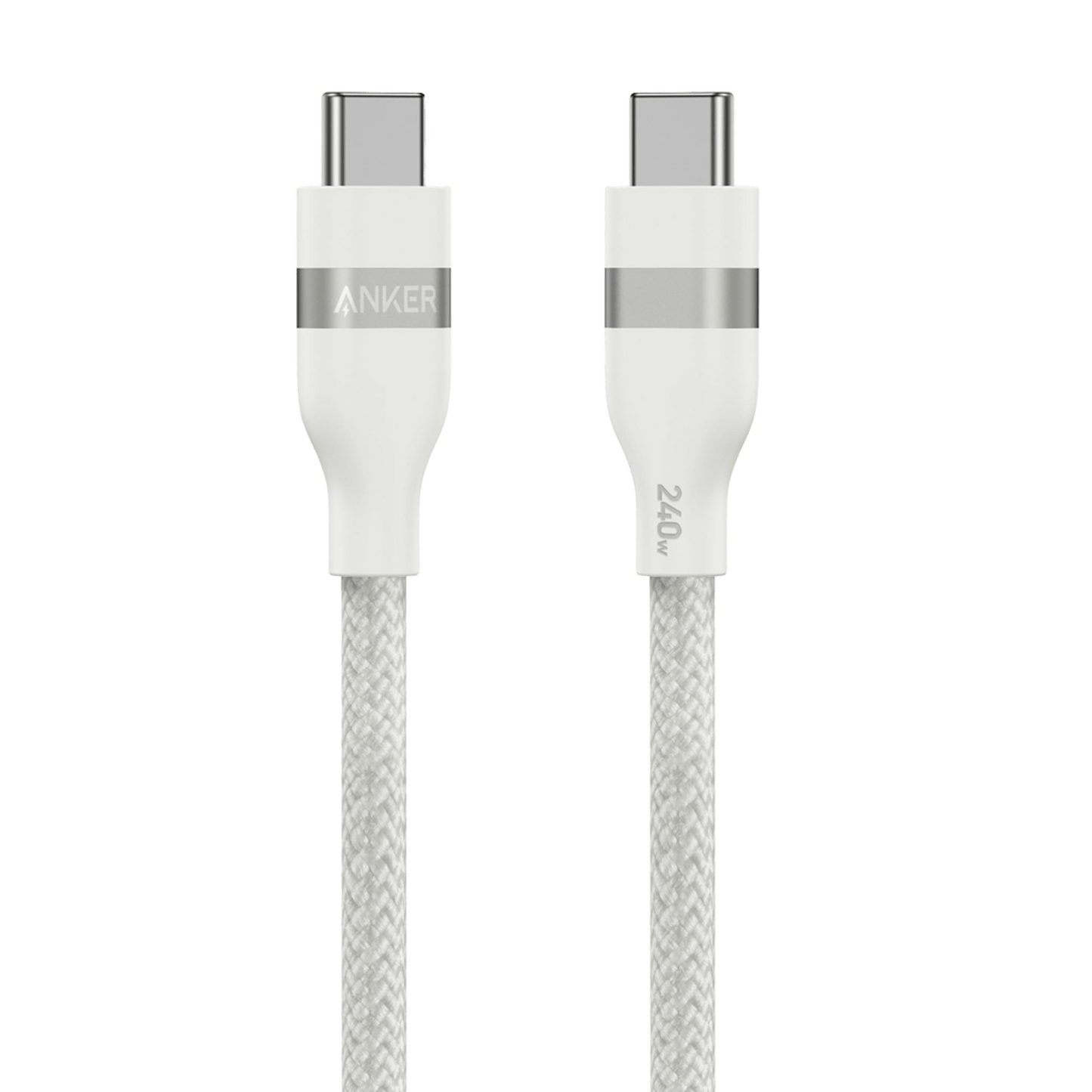 The Anker USB-C to USB-C Cable (3 ft/6 ft, 240W, Upcycled-Braided) features a white braided design, silver connector accents, ANKER branding on one end, and 240W marking on the other. Shown on a plain white background.