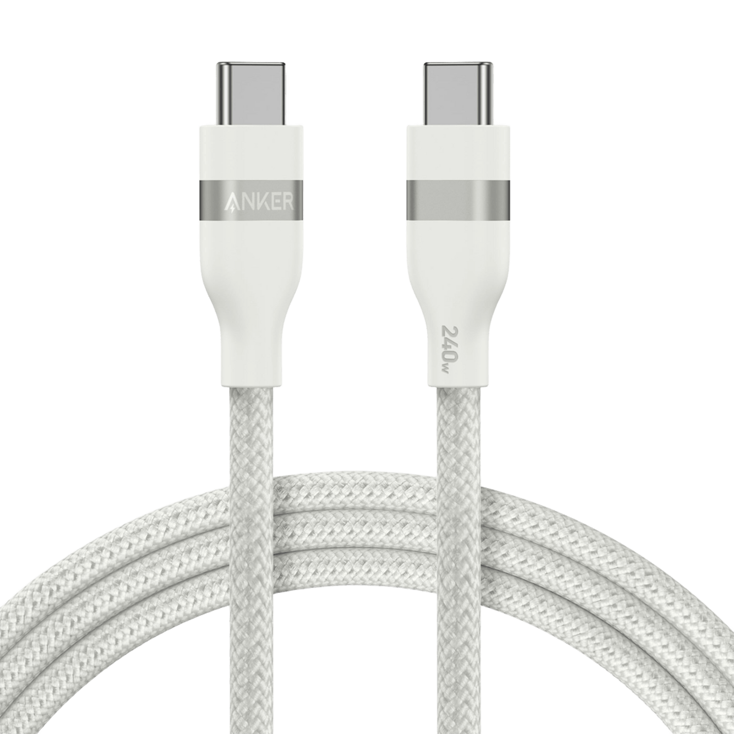 The Anker USB-C to USB-C Cable (3 ft/6 ft, 240W, Upcycled-Braided) is shown with a braided, ultra-durable design and metallic ends. The left connector features the ANKER logo, offering tangle resistance and reliable high-power charging.