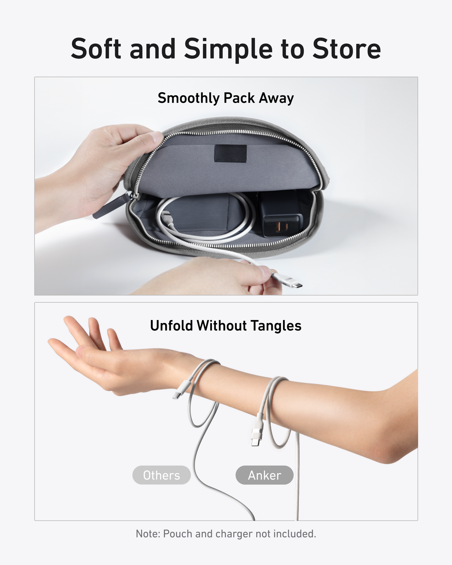 Top: A hand places an Anker USB-C to USB-C Cable (3 ft / 6 ft, 240W, Upcycled-Braided) in a pouch with organized cords. Bottom: One arm holds tangled cables (Others); the other shows a neatly wrapped Anker cable, highlighting storage benefits.