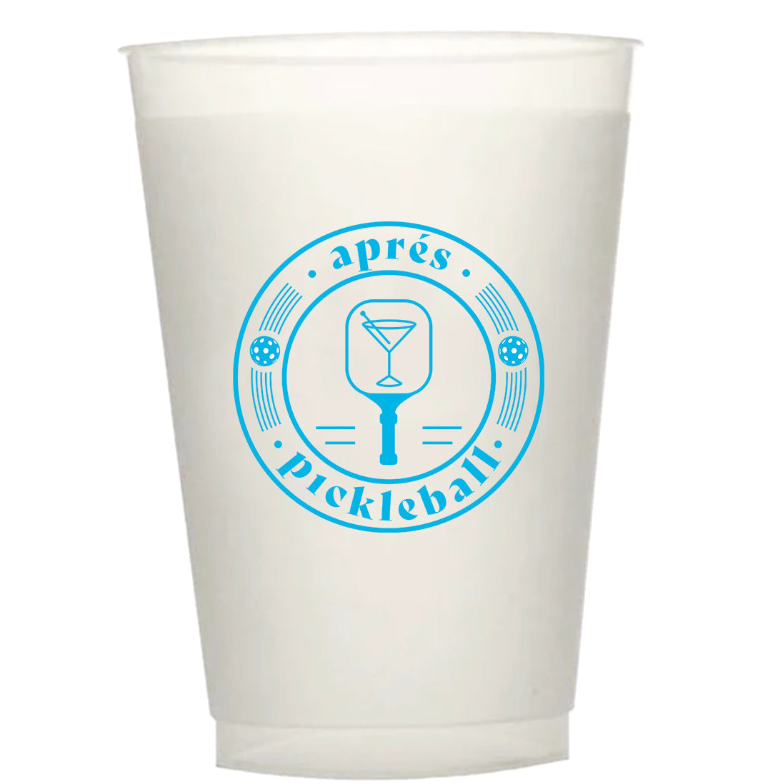 The Aprés Pickleball Reusable Party Cup by Swinton Pickleball is a white plastic cup with a blue logo featuring paddles, balls, and a martini on a paddle—ideal as a fun pickleball gift for any enthusiast.