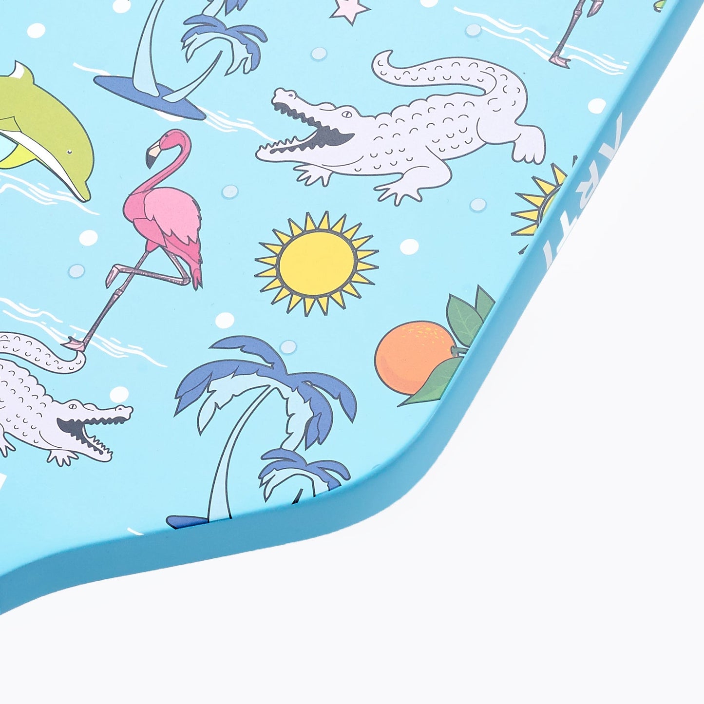 The ARTI Carbon Fiber "FLORIDA" Paddle features playful dolphins, flamingos, and crocodiles on a light blue background. Its colorful, cartoonish design by ARTI adds a fun, summery vibe—perfect for the pickleball courts.