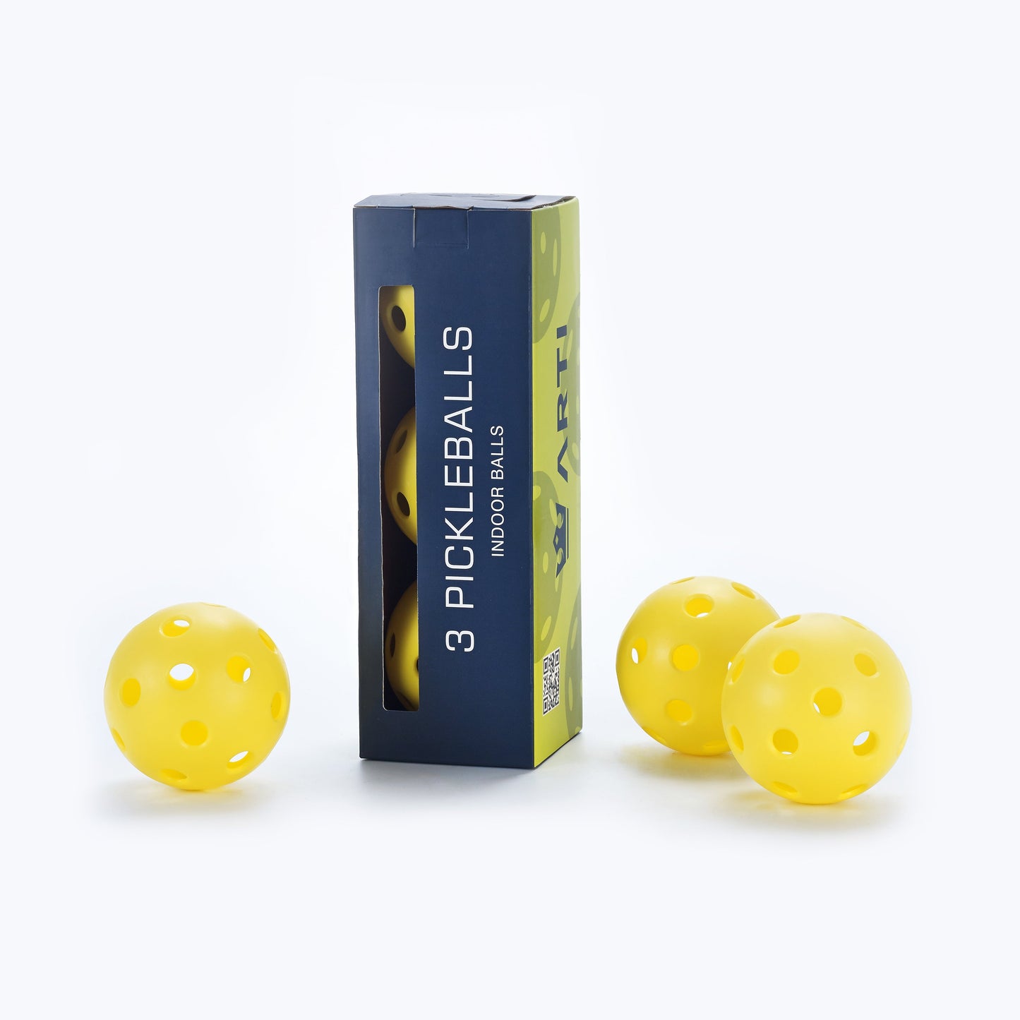 A blue and green ARTI Indoor Pickleball box from ARTI stands upright with a bright yellow ball visible inside. Three identical indoor pickleballs are arranged around the box on a white background.