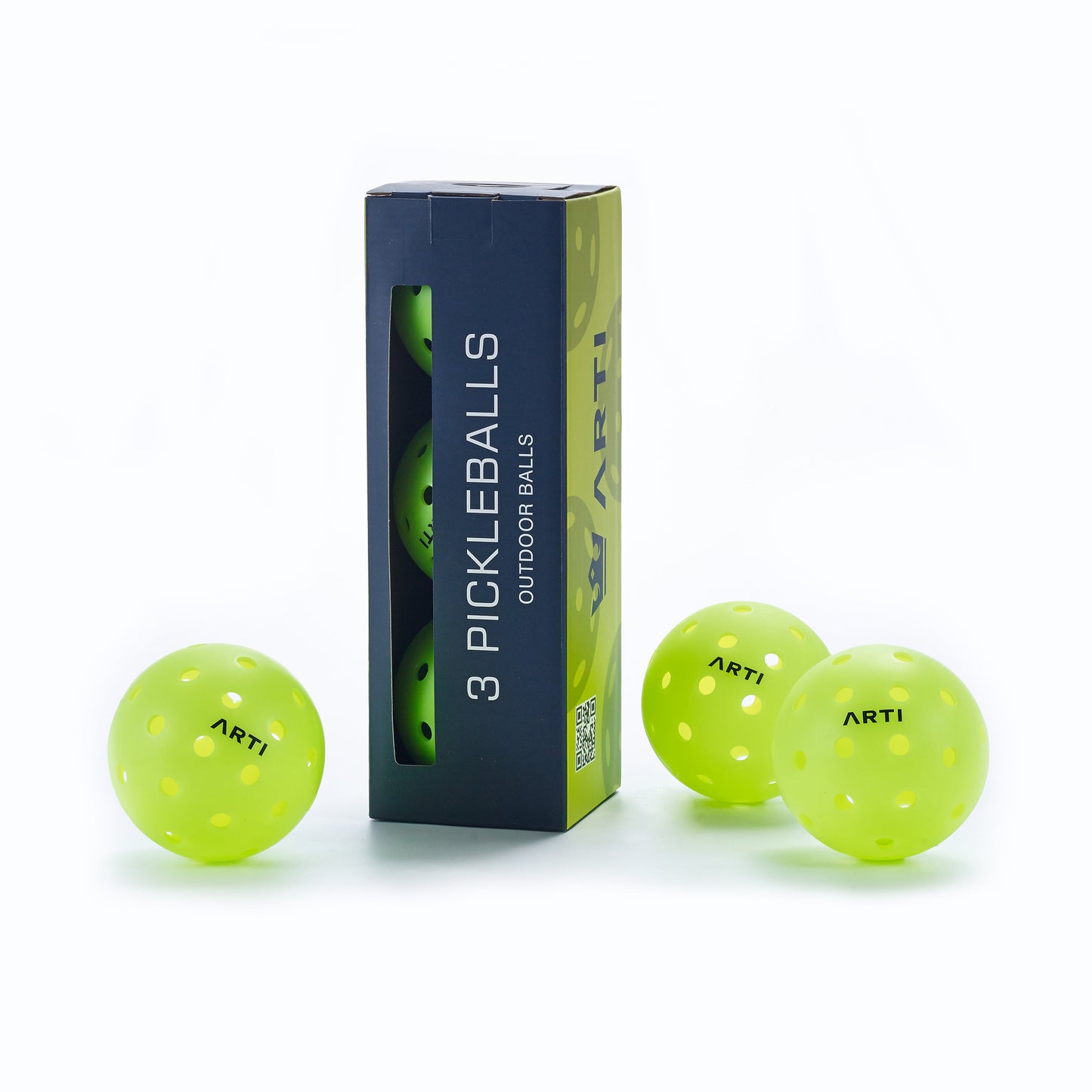 Three bright yellow-green ARTI Outdoor Pickleball balls by ARTI are shown next to a blue and green box labeled "3 PICKLEBALLS OUTDOOR BALLS", featuring a cut-out window and “ARTI” printed on each durable ball.