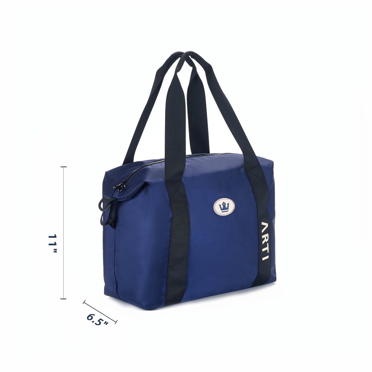 The ARTI Navy Duffle Bag is a blue rectangular gym bag with black handles and trim, a round silver patch featuring a crown logo and "ARTI" printed vertically in white. Size: 11" tall by 6.5" deep.