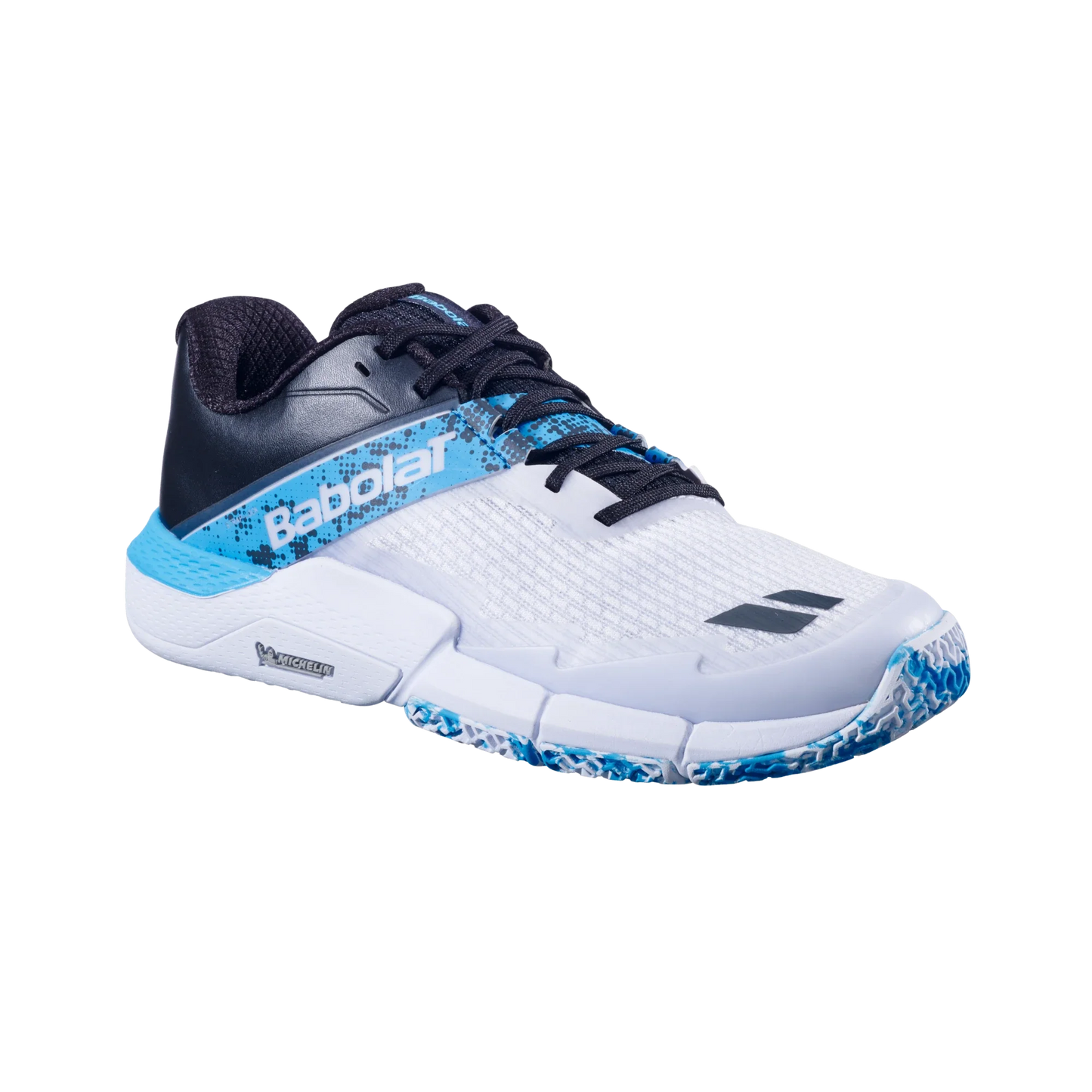 The Babolat Jet Movea 2 Padel Men's Shoes 2025 from Padel USA feature a white mesh upper, black heel and tongue, blue accents, speckled sole, bold white branding, and a grippy blue-and-white textured outsole for top padel performance.