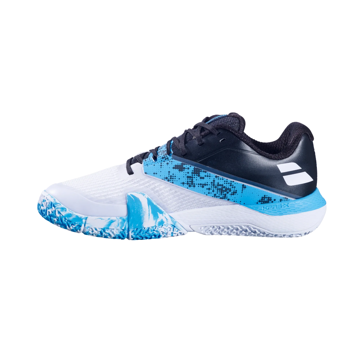 The Babolat Jet Movea 2 Padel Men's Shoes 2025 from Padel USA feature a breathable mesh upper, white design with blue accents, textured blue and white sole, and black heel—ideal men's performance shoes for padel or tennis on a light gray background.