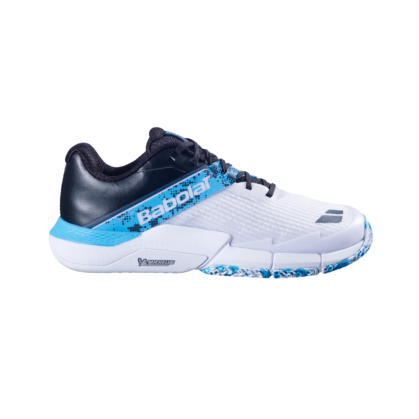 The Babolat Jet Movea 2 Padel Men's Shoes 2025 from Padel USA feature a black heel, white mesh upper, blue accents, and a blue-and-white patterned sole. These low-top men's shoes display the Babolat logo above the textured midsole.