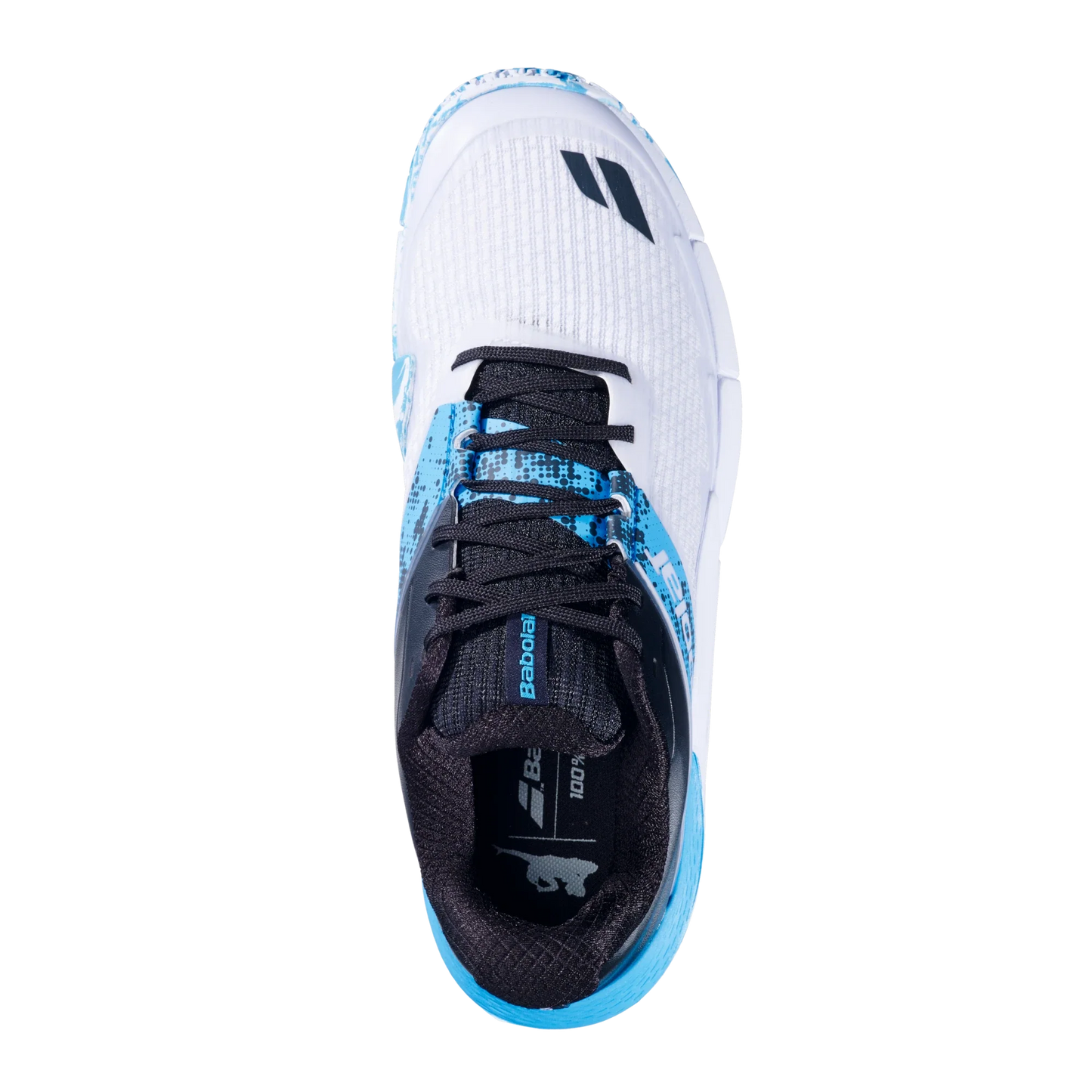 The Babolat Jet Movea 2 Padel Men's Shoes 2025 by Padel USA feature black laces, a blue patterned heel and sides, mesh texture, sturdy rubber sole, and signature Babolat logos—designed for men's sports performance.