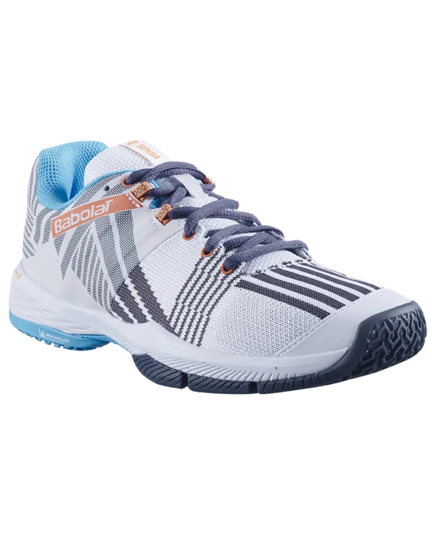 The Babolat Sensa White/Canyon Sunset Women Padel Shoes from Padel USA feature a white and light grey design with blue laces, orange accents, black stripes, a textured dark blue sole, blue lining, mesh panels for breathability, and the brand name on the side.