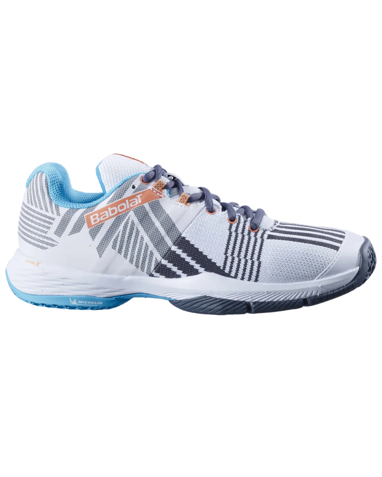The Babolat Sensa White/Canyon Sunset Women Padel Shoes by Padel USA feature white with blue, gray, and orange accents, geometric stripes, and dark blue laces—delivering great stability for padel or tennis. Side view pictured.