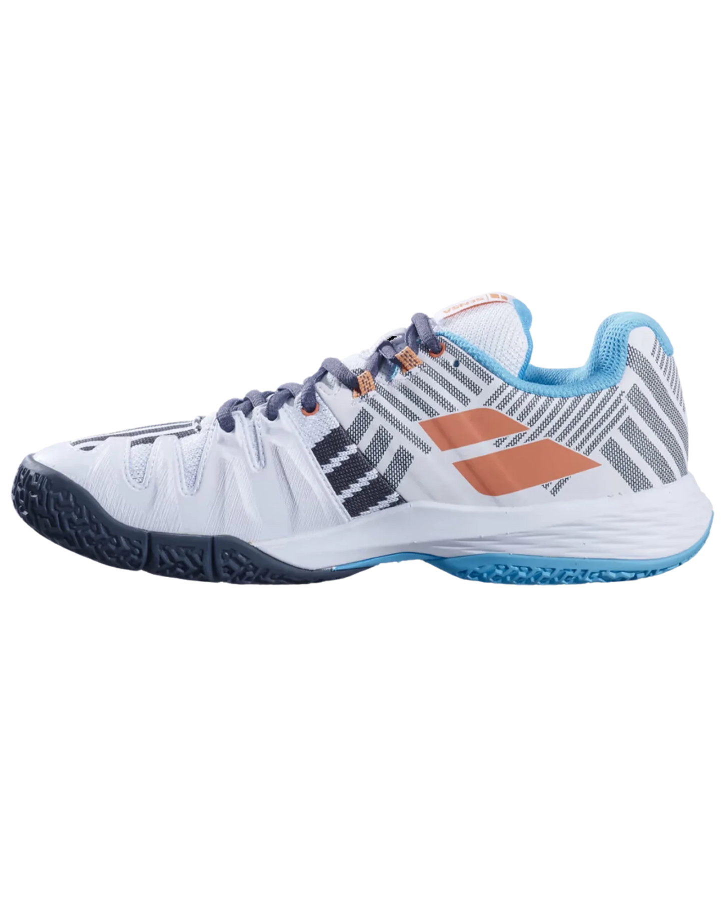 The Babolat Sensa White/Canyon Sunset Women Padel Shoes from Padel USA feature a white design with navy laces, navy sole, light blue lining, and orange-grey accents. Mesh and synthetic materials offer breathability, support, and court stability.